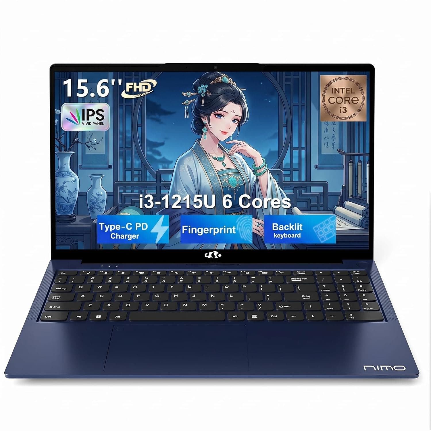 NIMO 15.6" FHD IPS Laptop, Core i3-1215U (Beats i5-1135G7 Class), 16GB RAM, 512GB SSD, 11 Home, Wi-Fi 6, Backlit Keyboard, Fingerprint, USB-C 65W Fast Charge, Bluetooth 5.2, 180° View