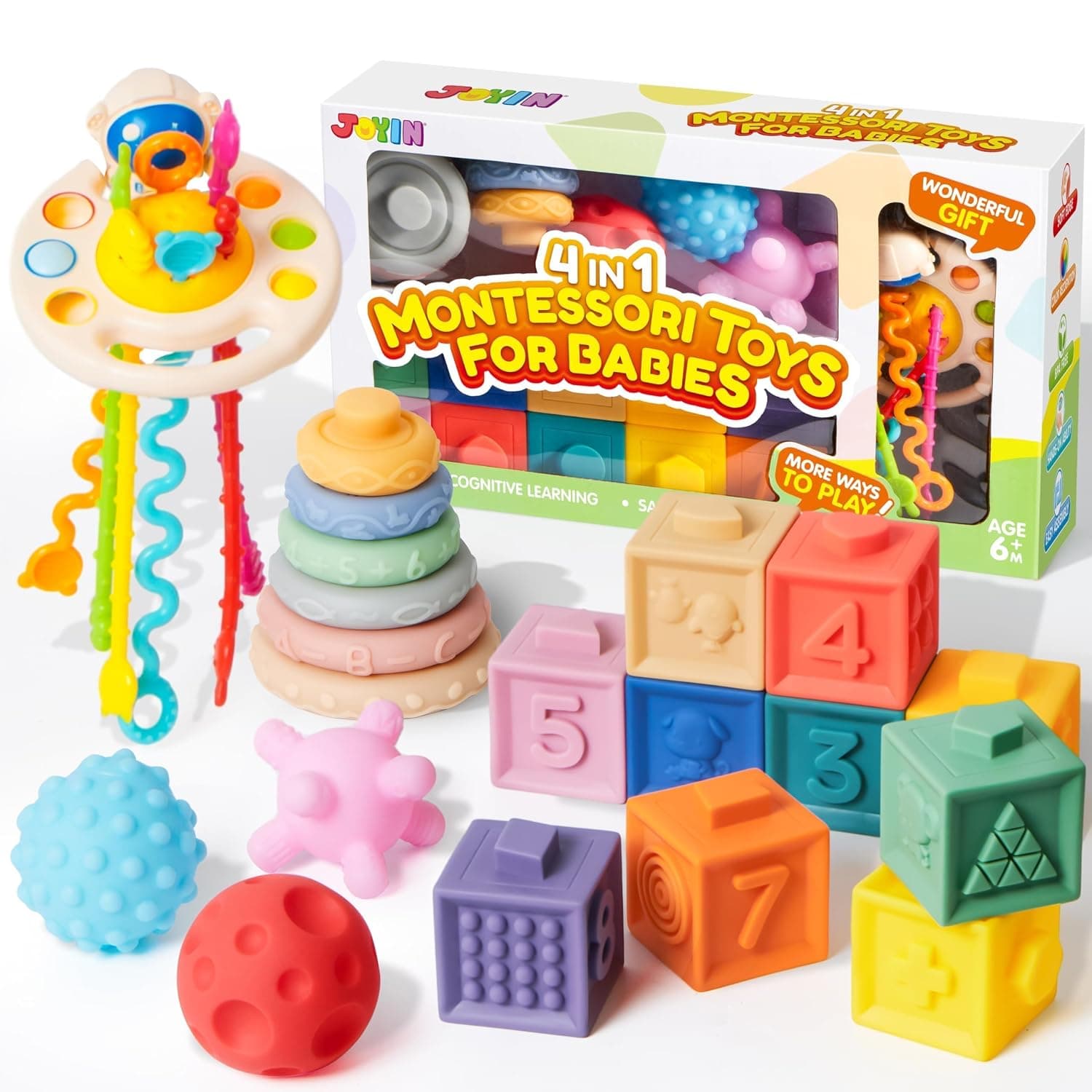 Baby Toys 6-12 Months - 20PCS Montessori Toys for Toddlers 1 Year, 4-in-1 Infant Sensory & Teething Toys, Incl Stacking Rings, Baby Blocks, Pull Strings and Sensory Balls, Gifts for Baby Girls & Boys