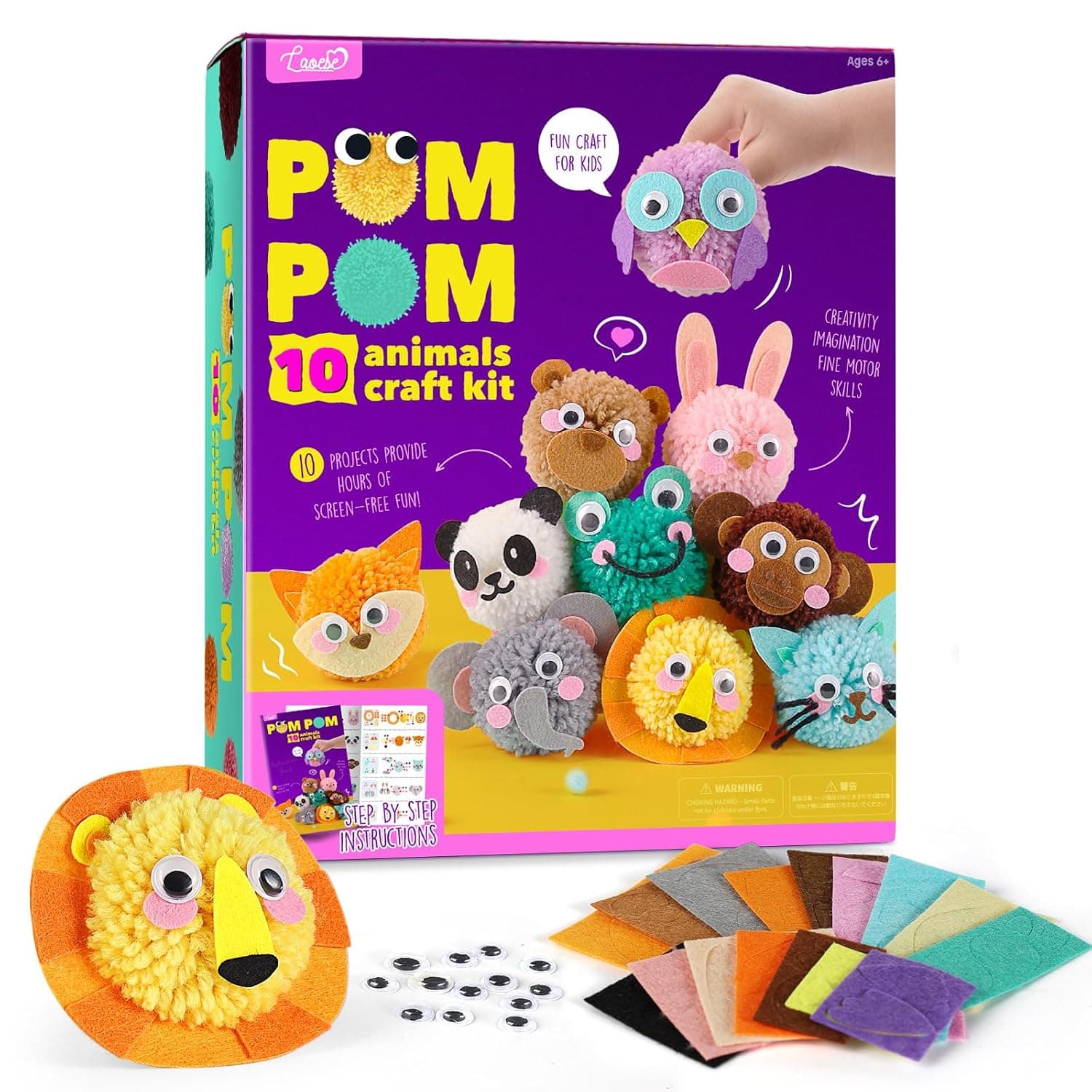 Pom Pom Craft Kit, Animals Toys for Kids, Arts and Crafts, Toys for Girls | Crafts for Kids, DIY Kits for Girls, Kids Activities, Party Favors for Kid, Eid Return Birthday Gifts for Girls Ages 4-8