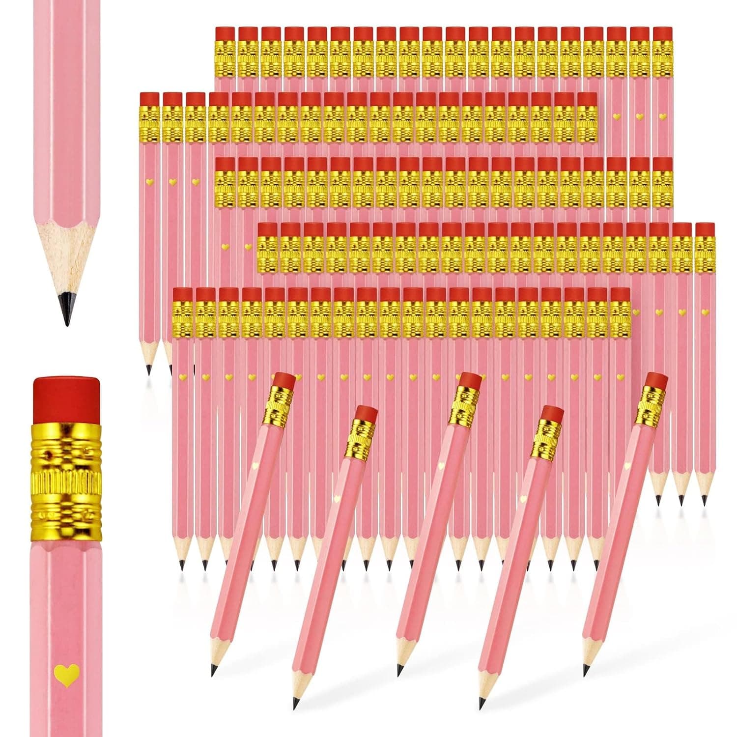 Bercoor 100 Pack Half Pencils with Eraser, Pre-Sharpened Golf pencils 4 Inch Mini Pencils 2 HB Hexagon Small Pencils Short Pencils for Wedding, Baby Shower, Golf, School, Office (Pink)