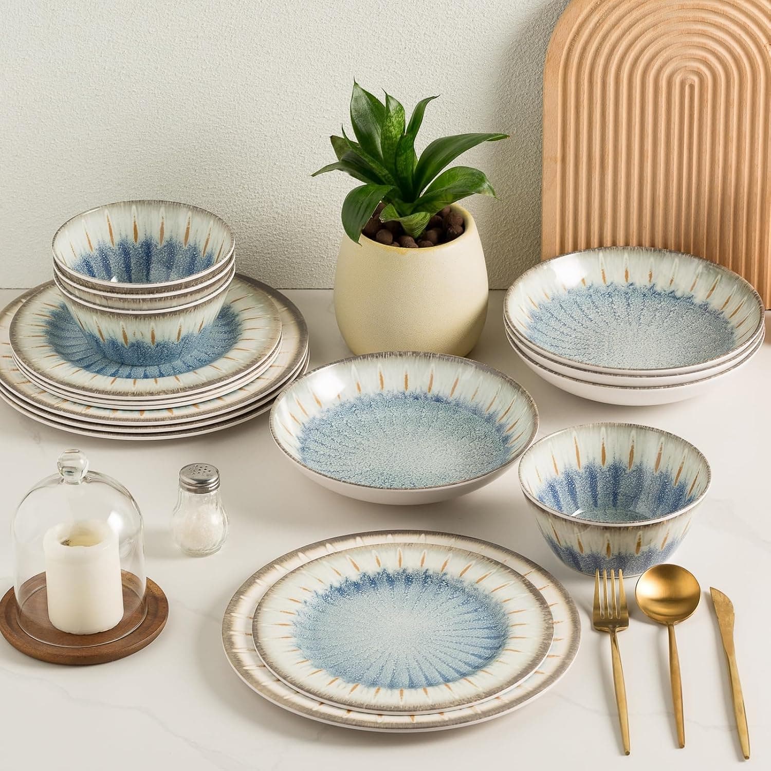 Melamine Dinnerware Set, 16 Piece for 4, Unbreakable Kitchen Plastic Plates and Bowls set, Indoor and Outdoor Use Tableware, BPA Free, Dishwasher Safe, Not Microwave, Not Oven(Blue)