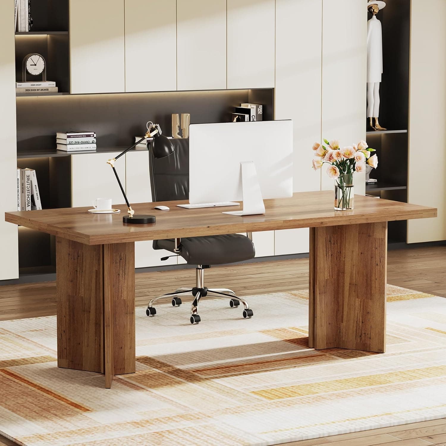 Tribesigns 160cm Executive Desk, Vintage Home Office Computer Desk with Large Tabletop, Farmhouse Wood Writing Conference Table Workstation for Office, Study, Walnut Brown