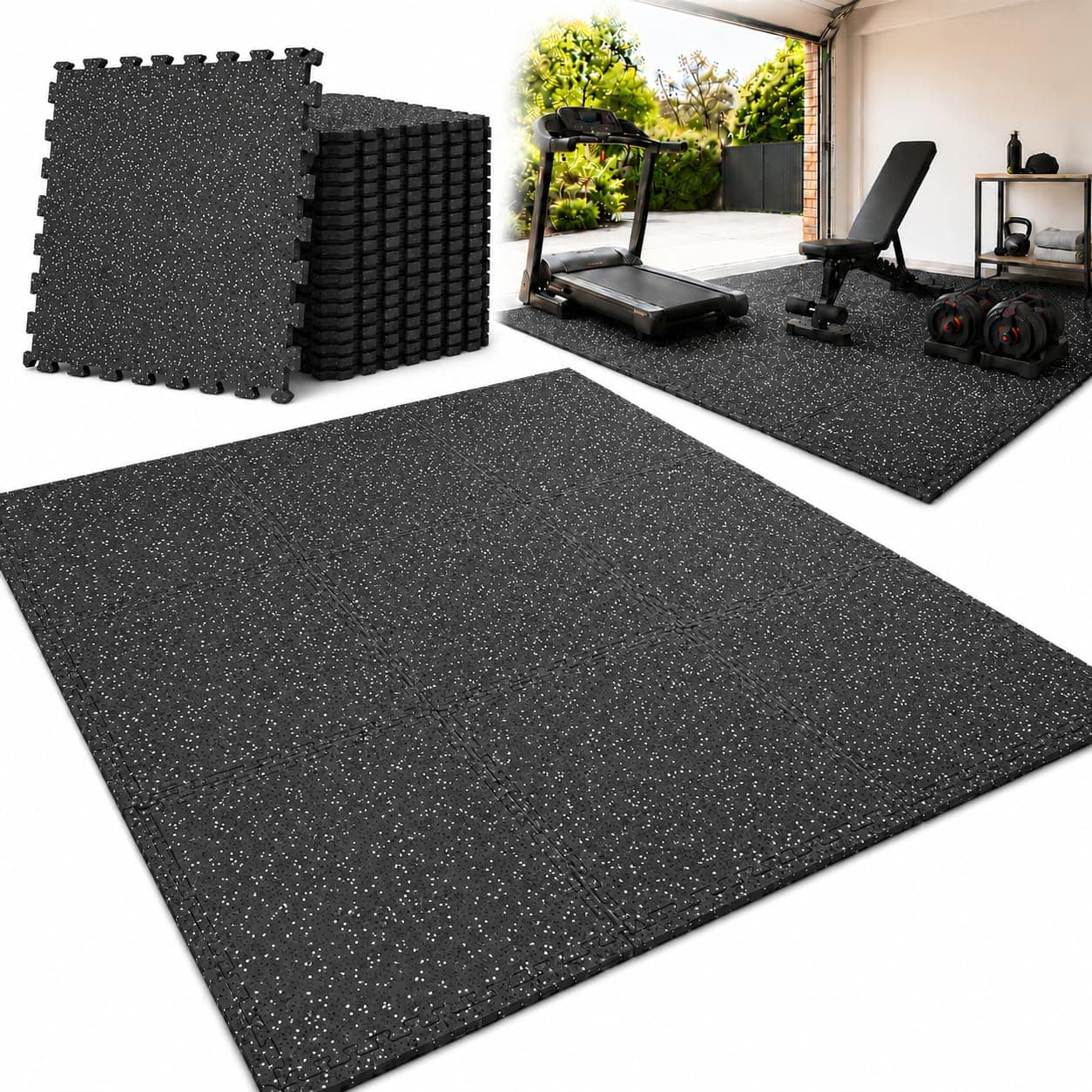 1.4cm Thick EVA Foam Gym Mats, Rubber Top Exercise Equipment Floor Tiles for Home Gym Equipment & Weightlifting, Heavy Duty Anti-Slip Workout Protective Flooring (60x60cm, 12 Tiles - 4.32㎡)