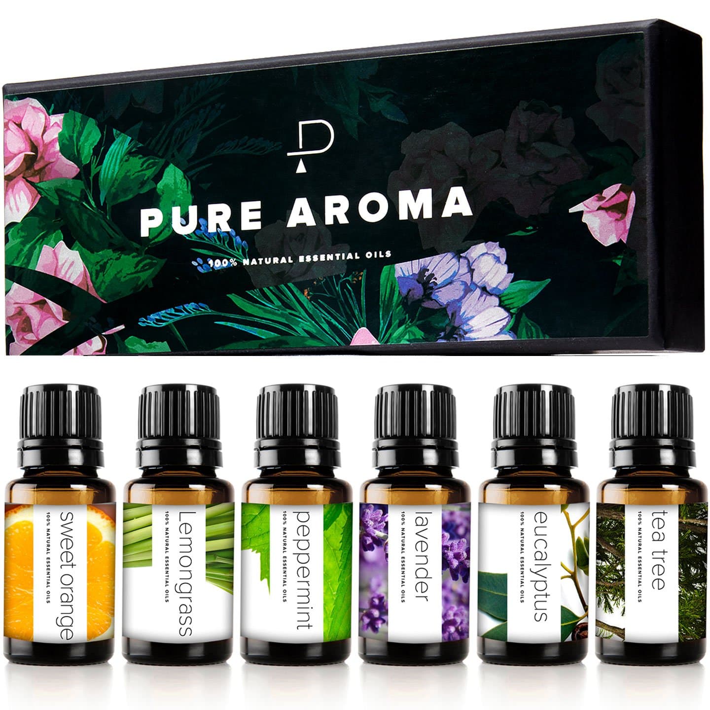 Pure Aroma Essential Oils 100% Therapeutic Grade Oils kit- Top 6 Aromatherapy Oils Gift Set-6 Pack, 10ML(Eucalyptus, Lavender, Lemon Grass, Orange, Peppermint, Tea Tree)