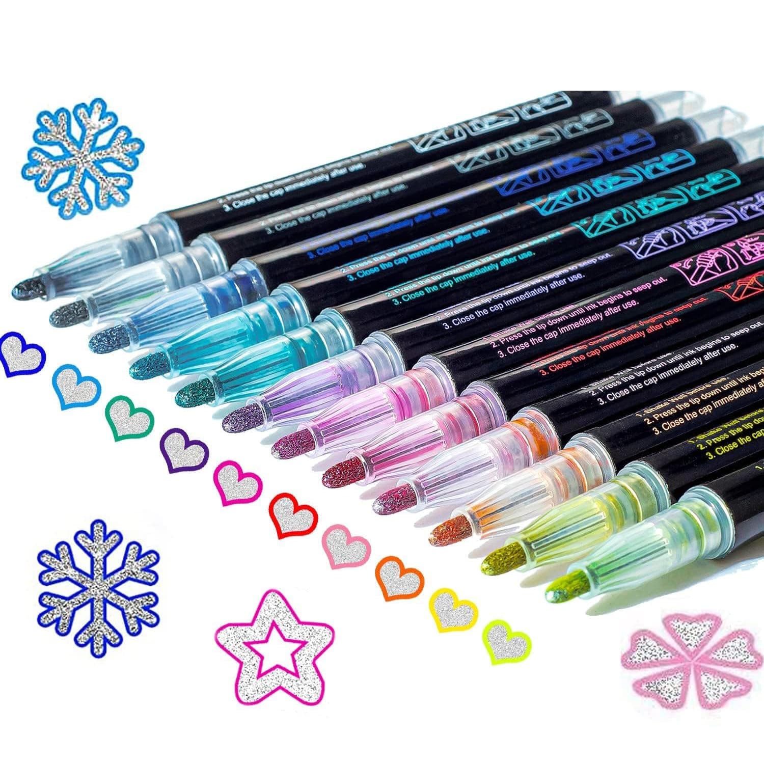 Joyzzz Outline Marker Pens, Super Squiggles Glitter Pens Set, 12 Colors Metallic Double Line Art Markers, Shimmer Self-Outline Pens for Crafting, Scrapbooking, Greeting Cards, Kids Art Supplies