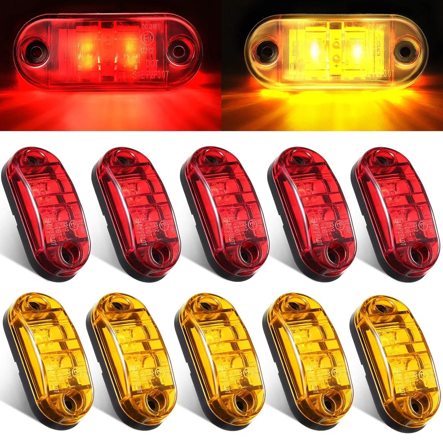 10 Pieces 2.5 Inch Diode Trailer Side Marker Light LED Trailer Boats Marker Light Truck Light Oval RV Running Lights for Exterior Marker Lights Surface Mount Accessories(5 Amber+5 Red)