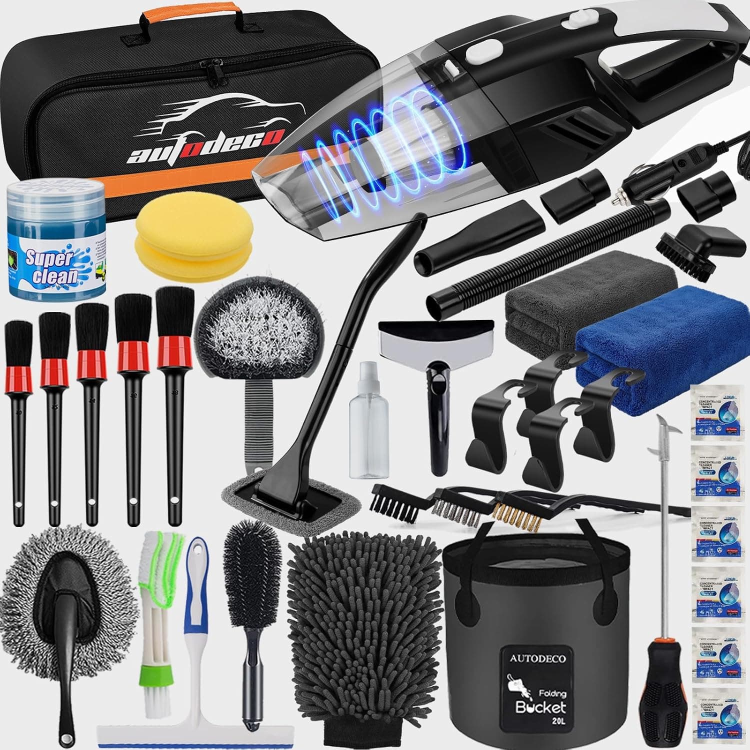 41Pcs Car Cleaning Wash Kit Interior Detailing Cleaner Kit with High Power Handheld Vacuum, Collapsible Bucket, Windshield Tool, Snow Shovel, Tire Brush, Complete Car Care Tools, Black