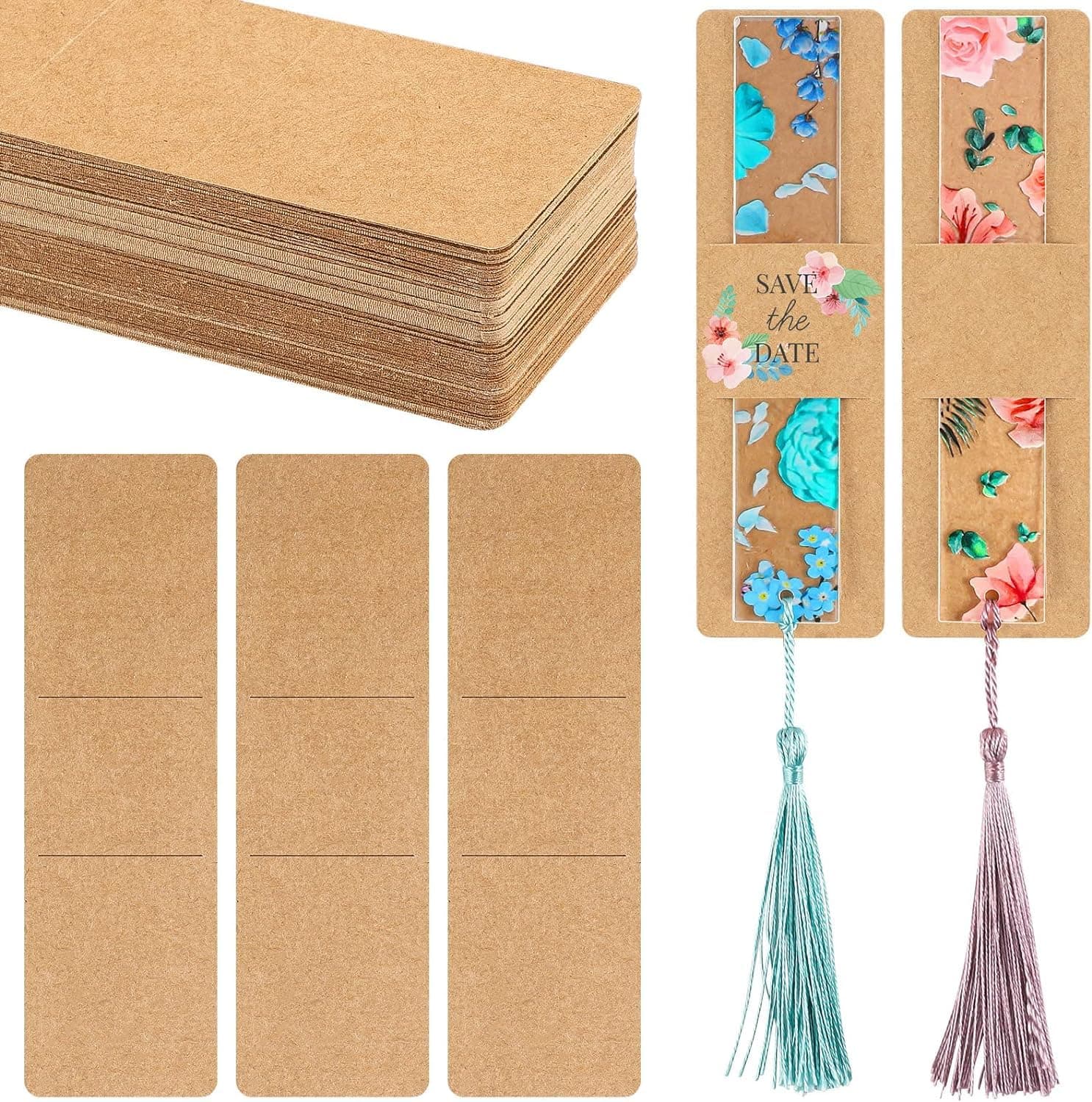 BEETO 50 Pieces Kraft Bookmark Sleeves, 5.9 x 1.8 in Holder, DIY Resin Mold, Blank Display Cards for Gift Wrapping, Small Business Packaging Supplies