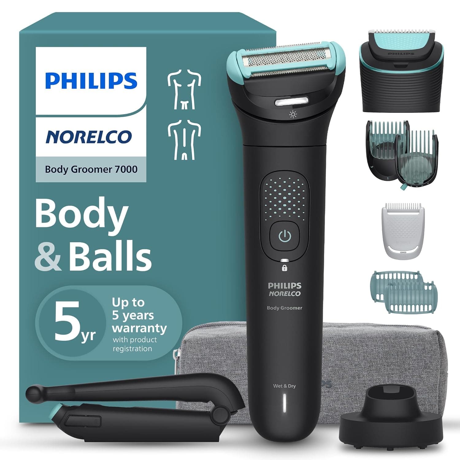 Philips Norelco Body Groomer 7000 Series, Waterproof Men's Full Body Groomer with Travel Case, Triple Protect Shave System & Body Hair Trimmer with Contour-Following 2D Flexing Head, BG7490/50