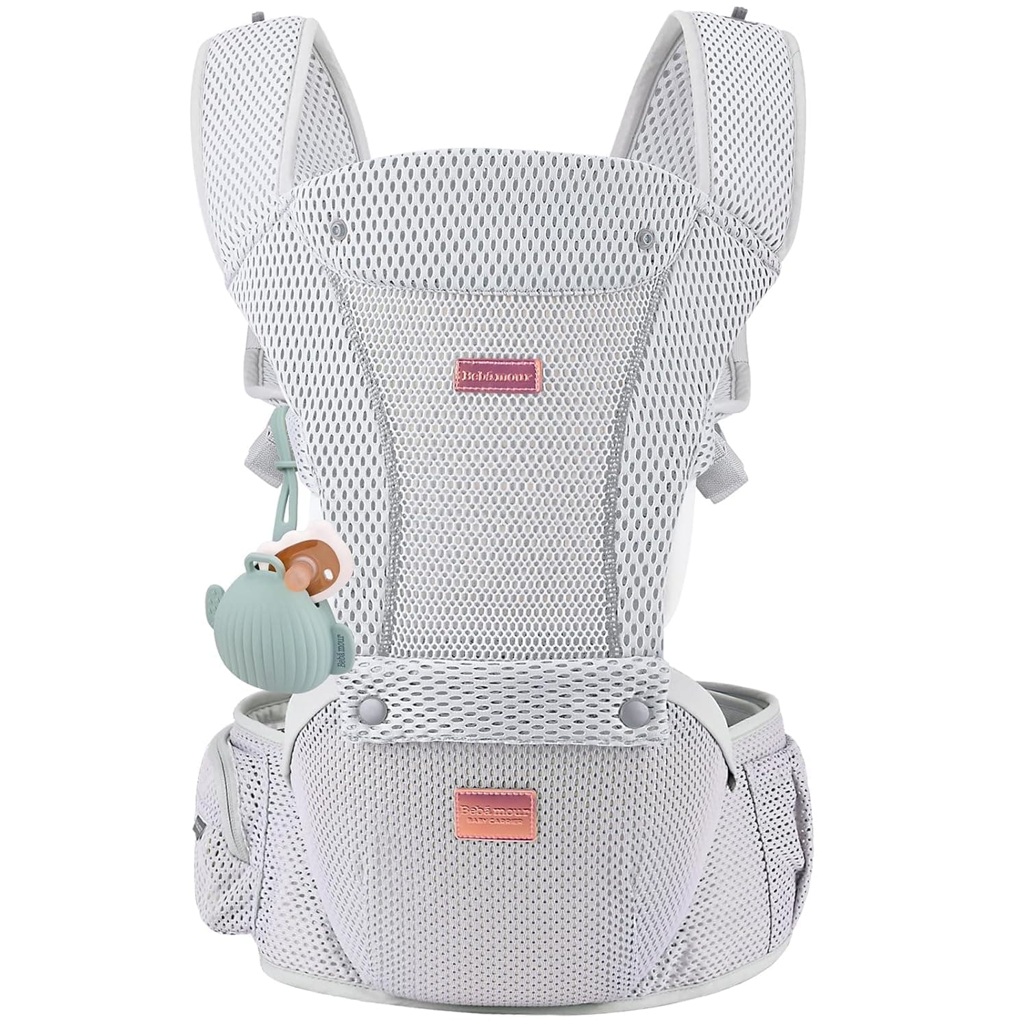 Bebamour Baby Carrier Newborn to Toddler Baby Carrier Hipseat 0-36Months with Head Hood, 3 PCS Teething Pads, Waist Extender, Storage Bag & Pacifier Case (Mesh Grey)