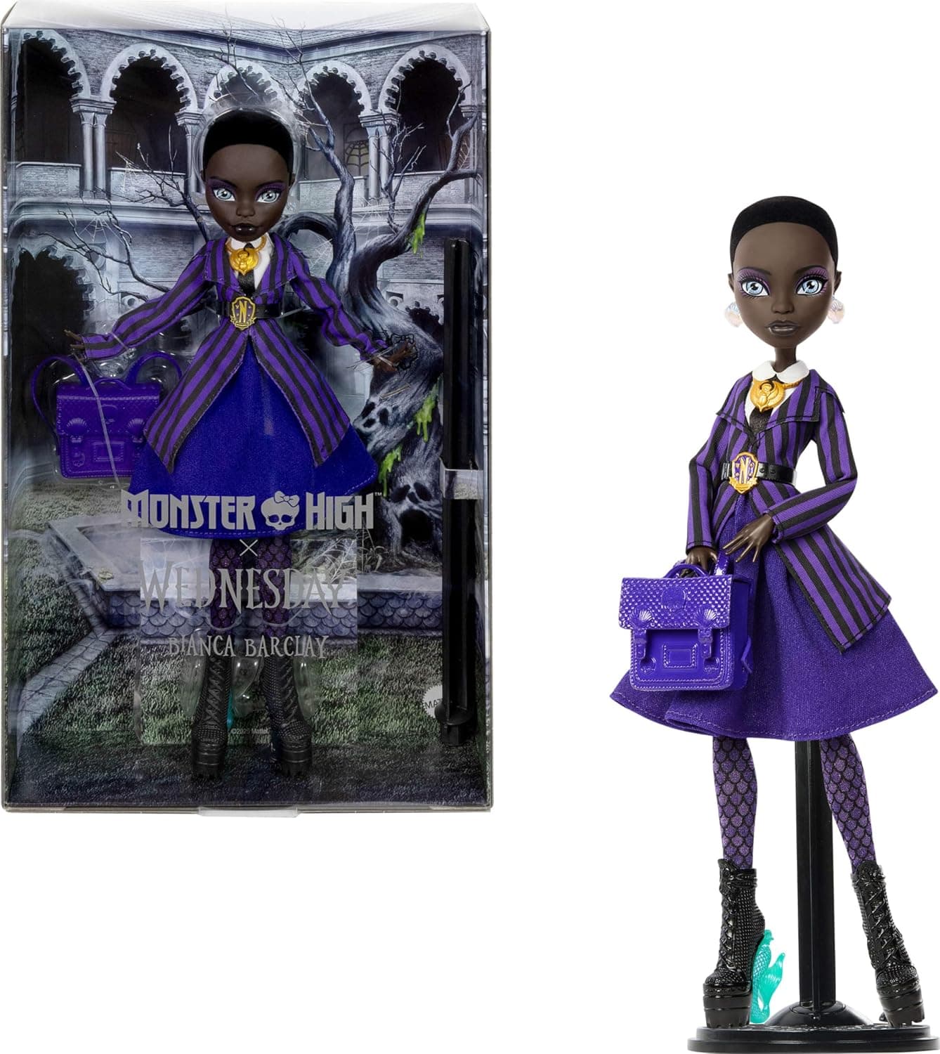 Monster High x Wednesday Doll with Accessories, Bianca Barclay, Nevermore Academy Uniform Uniform with Siren Amulet, Backpack and Doll Stand JDR71 | Nevermore Academy Uniform, Siren Amulet, Backpack, Doll Stand