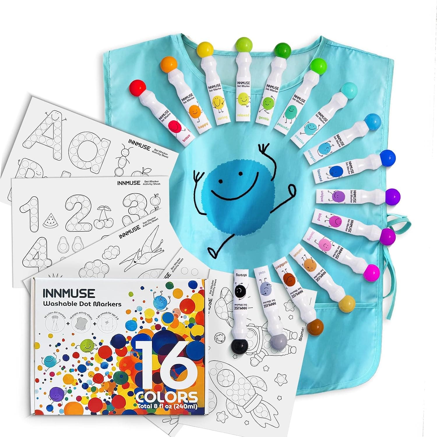 Washable Dot Markers for Kids, 16 Colors Dot Paints Includes Smock, Printed and PDF Activity Sheets, Non-Toxic Bingo Daubers, Arts and Crafts for Kids, Preschool Learning Activities
