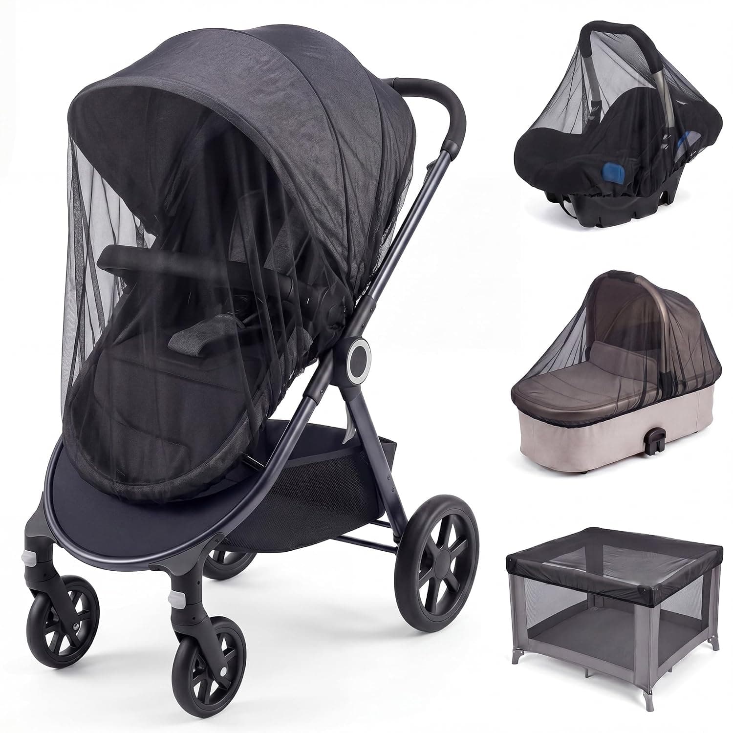 2 Pcs Mosquito Net for Stroller, Black Polyester Mesh Cover with Elastic Edge, Portable Baby Stroller Mosquito Net for Bassinets, Cradles, Playards, Pack N Plays, Mini Cribs