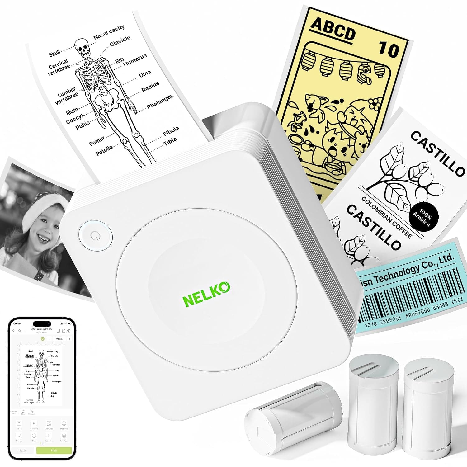 Nelko Mini Sticker Printer, PM230 Print Pod with 3 Rolls of Paper, White | Bluetooth Portable Sticker Printer, Smart AI App & Multiple Templates for Phone & Tablet, Ideal for School, Home & Office