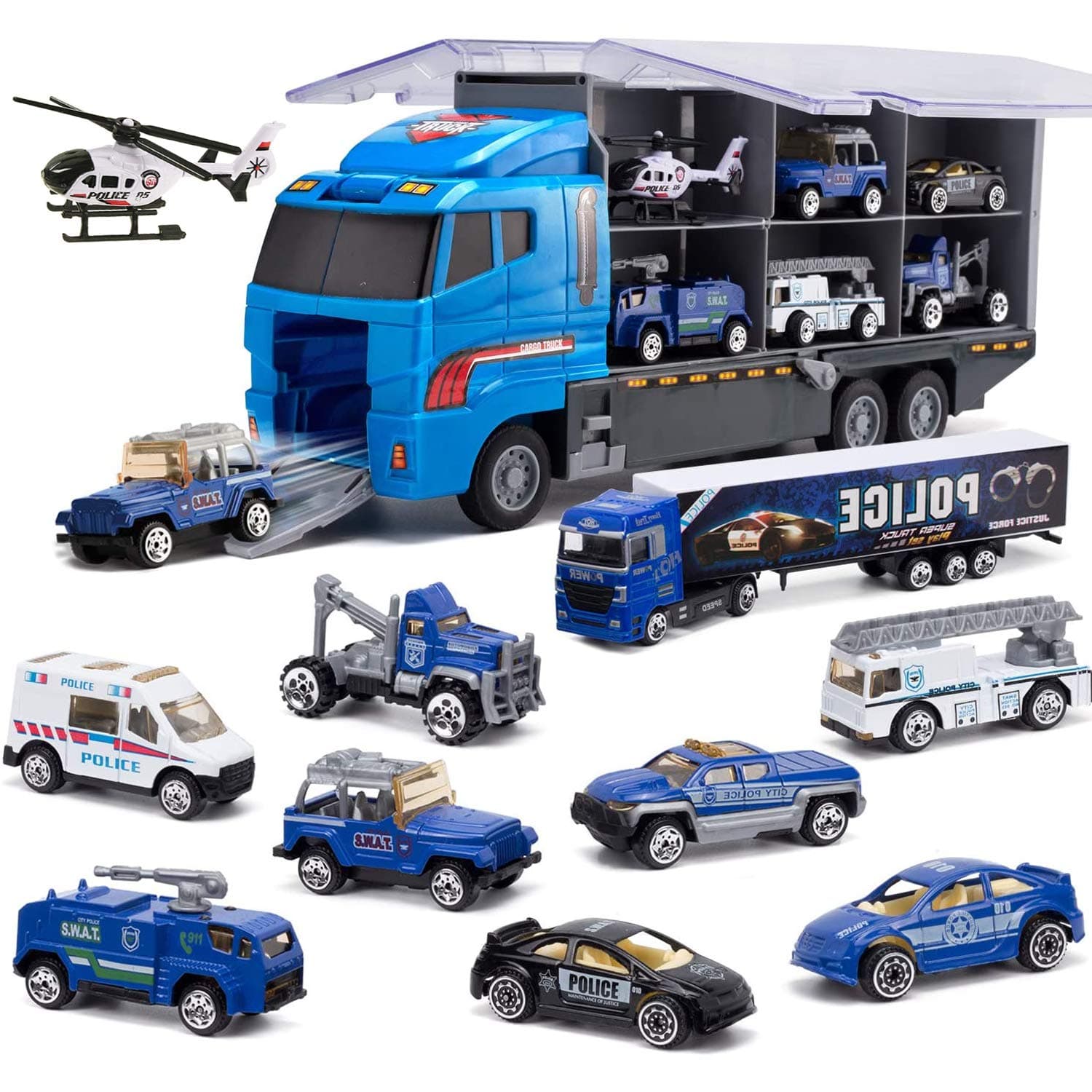 10 in 1 Police Toys, Die-cast Police Patrol Rescue Truck, Mini Police Vehicles in Carrier Car Toy Playset for 3+ Years Old Kids Boys Girls