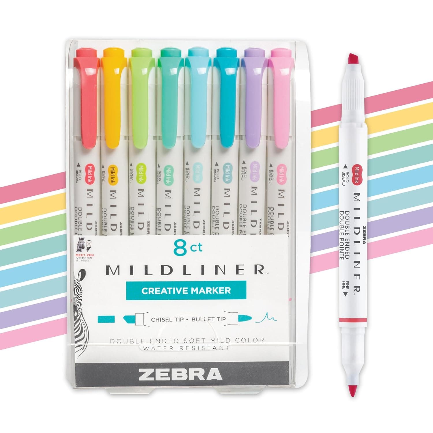 Zebra Pen Mildliner, Double Ended Highlighter, Broad and Fine Tips, Assorted Colors, 8 Pack, 78108
