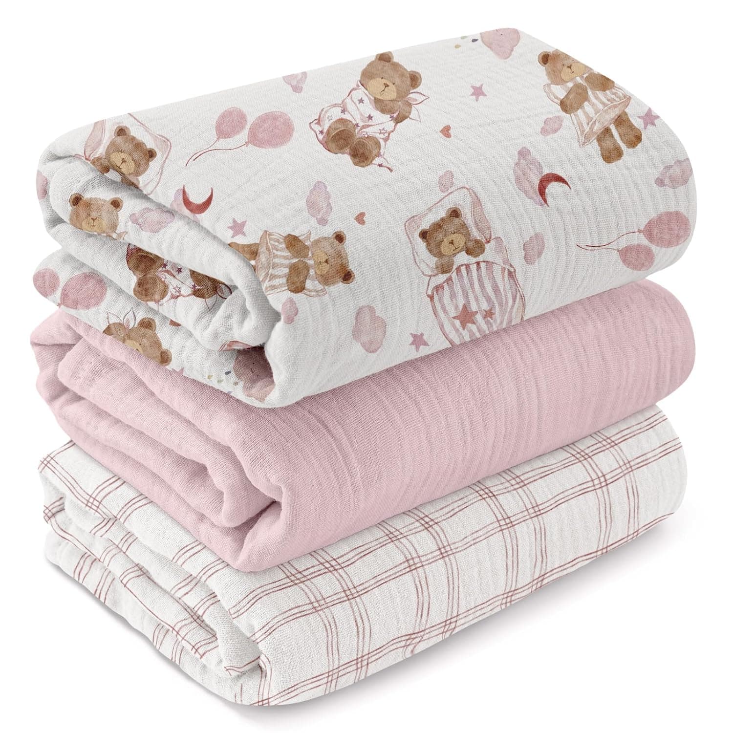 GLLQUEN BABY Muslin Swaddle Blankets,3-Pack Receiving Blanket for Newborn Boys and Girls,Baby Swaddle Blanket Unisex,Little Bear,Baby Essentials, Registry & Gift, 40 x 38 inches | 3Pk, 100% cotton, ultra soft and breathable, gentle on sensitive newborn skin, Multi-use as swaddle wrap, receiving blankets
