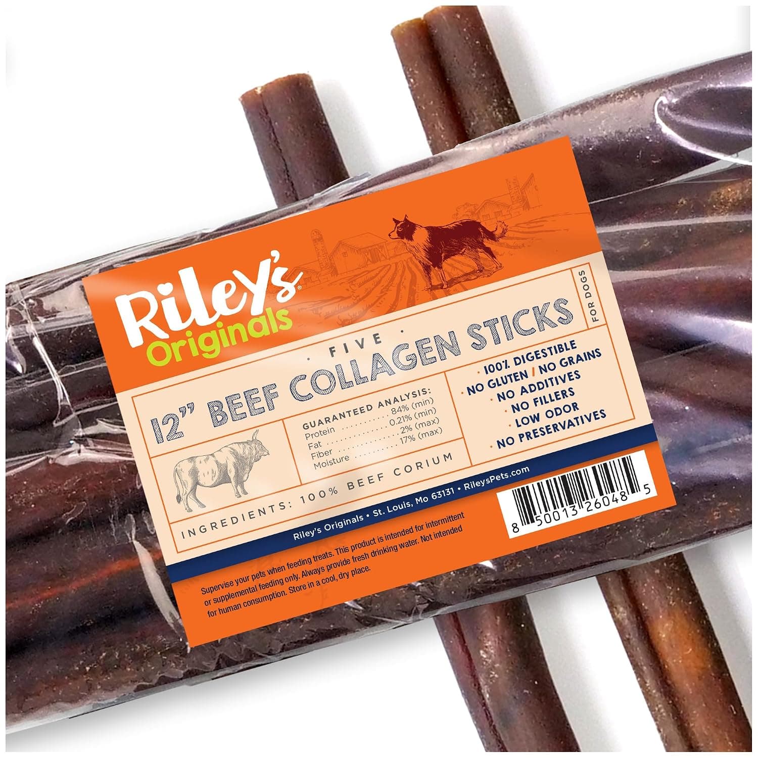 Riley's 12" Beef Collagen Sticks for Dogs - 100% Natural Beef - 5ct | Digestible Collagen Chews for Dogs - Single Ingredient, No Hide Chews - Grain-free and Gluten-free Pet Treat