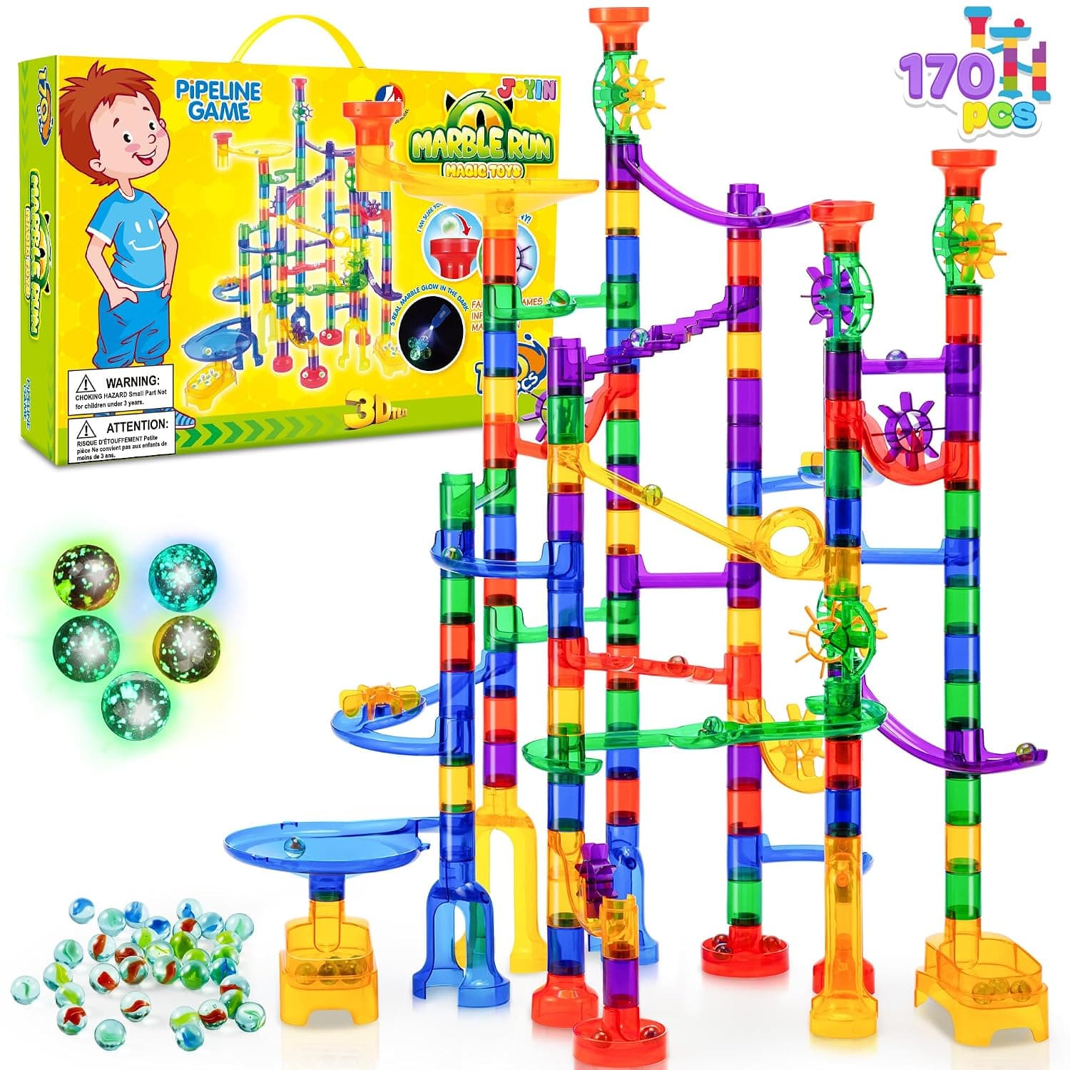 JOYIN Marble Run Premium Toy Set (170 Pcs), Construction Building Blocks Toys, STEM Educational Building Block Toy(120 Plastic Pieces + 50 Glass Marbles)