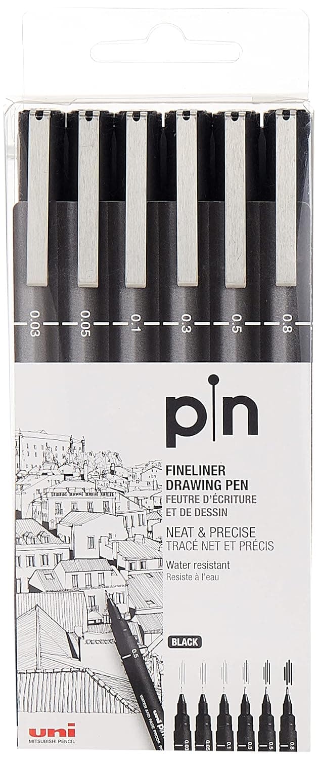 Uni Pin Fineliner Drawing Pen Sketching Set Black Ink 0.03 To 0.8Mm Set Of 6, Pin 200S, 6 Count(Pack Of 1)