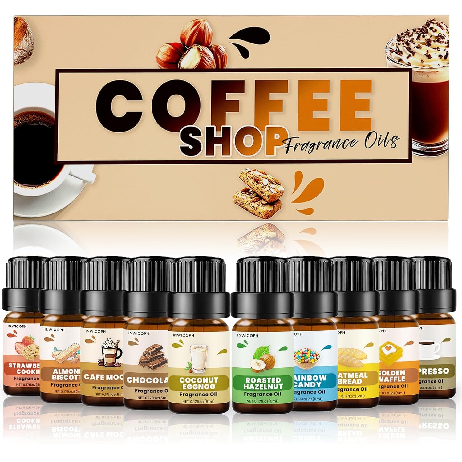 Coffee Shop Fragrance Oil Set | Espresso, Mocha Coffee, Chocolate, Almond Biscotti, Roasted Hazelnut Candle Scents for Candle Making, Soap Making Supplies, Diffuser Oil Scents