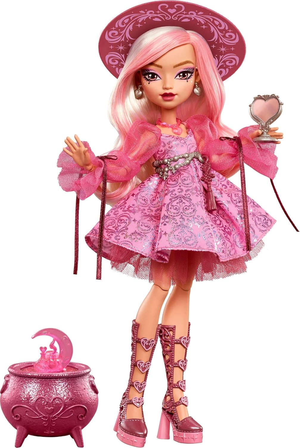 Monster High Moonspell Magic Carina Song Doll | Love Witch in Pink Dress with Kettle Surprise & Accessories such as Mirror, Hat and Spell Book, JNM26