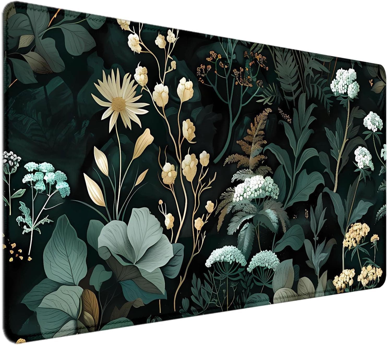 XXL Green Floral Desk Mat,Black Aesthetic Mouse Pad with Plant Design, Large Office Desk Accessory and Gift