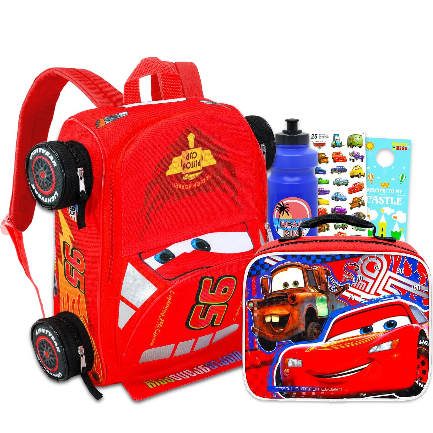 Disney Cars Mini Backpack with Lunch Box for Kids - Bundle with 14" Lightning McQueen School Bag, Lunch Bag, Water Bottle, Stickers, More | Disney Cars School Backpack with Lunchbox