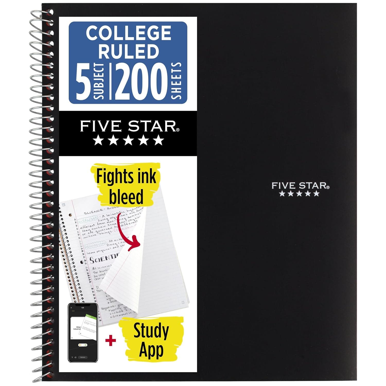 Five Star Spiral Notebook + Study App, 5 Subject, College Ruled Paper, 11" x 8-1/2", 200 Sheets, Black, 1 Count (72081)