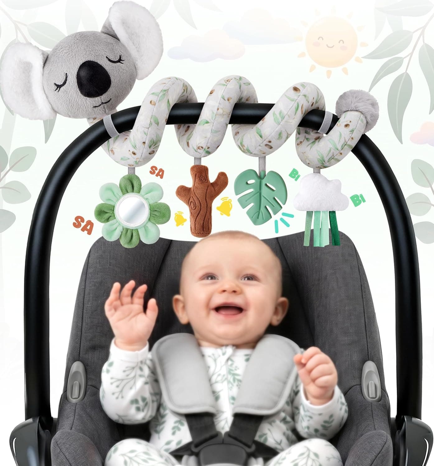 Stuffed Aesthetic Koala Spiral Car Seat Toys for Babies, Gender Neutral Infant Stroller Toy with Teether Hanging, Baby Registry Search Must Haves 0-6 Months