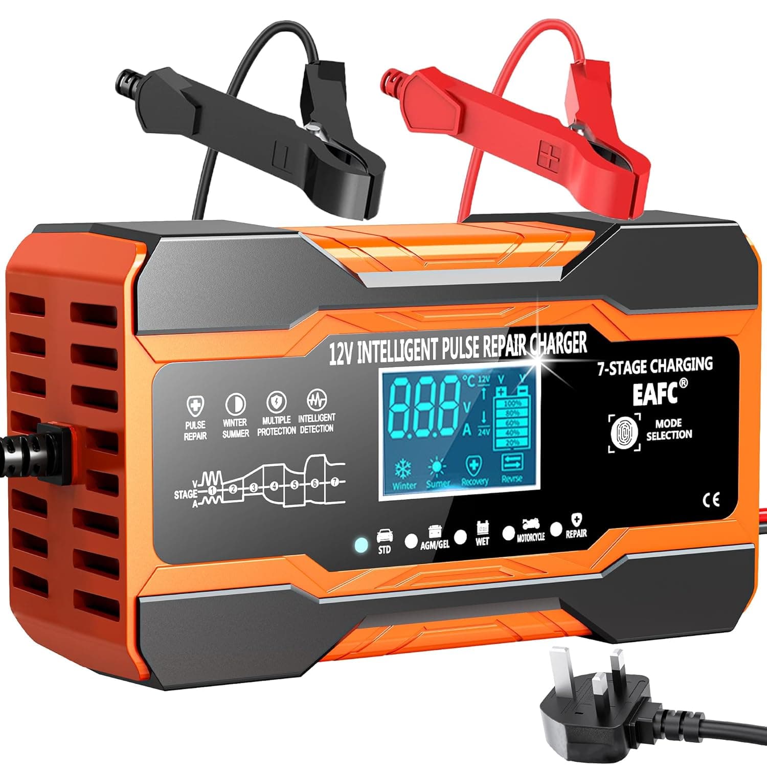 Car battery charger 12A Car battery charger Fully automatic intelligent trickle charger LCD for car, motorbike, lawnmower or boat (length of power cable 130cm)