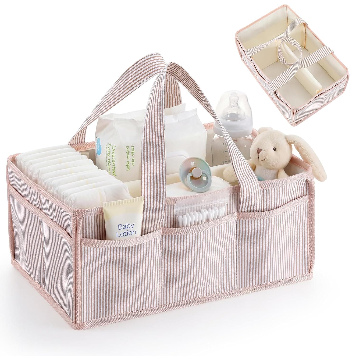 Huhumy Baby Diaper Caddy, Stripe Diaper Caddy Storage Organizer, Stylish Large Tote Bag for Newborn Essentials Nursery Storage Boy or Girl, Gift for Baby Shower and Registry Must-Have (Khaki)