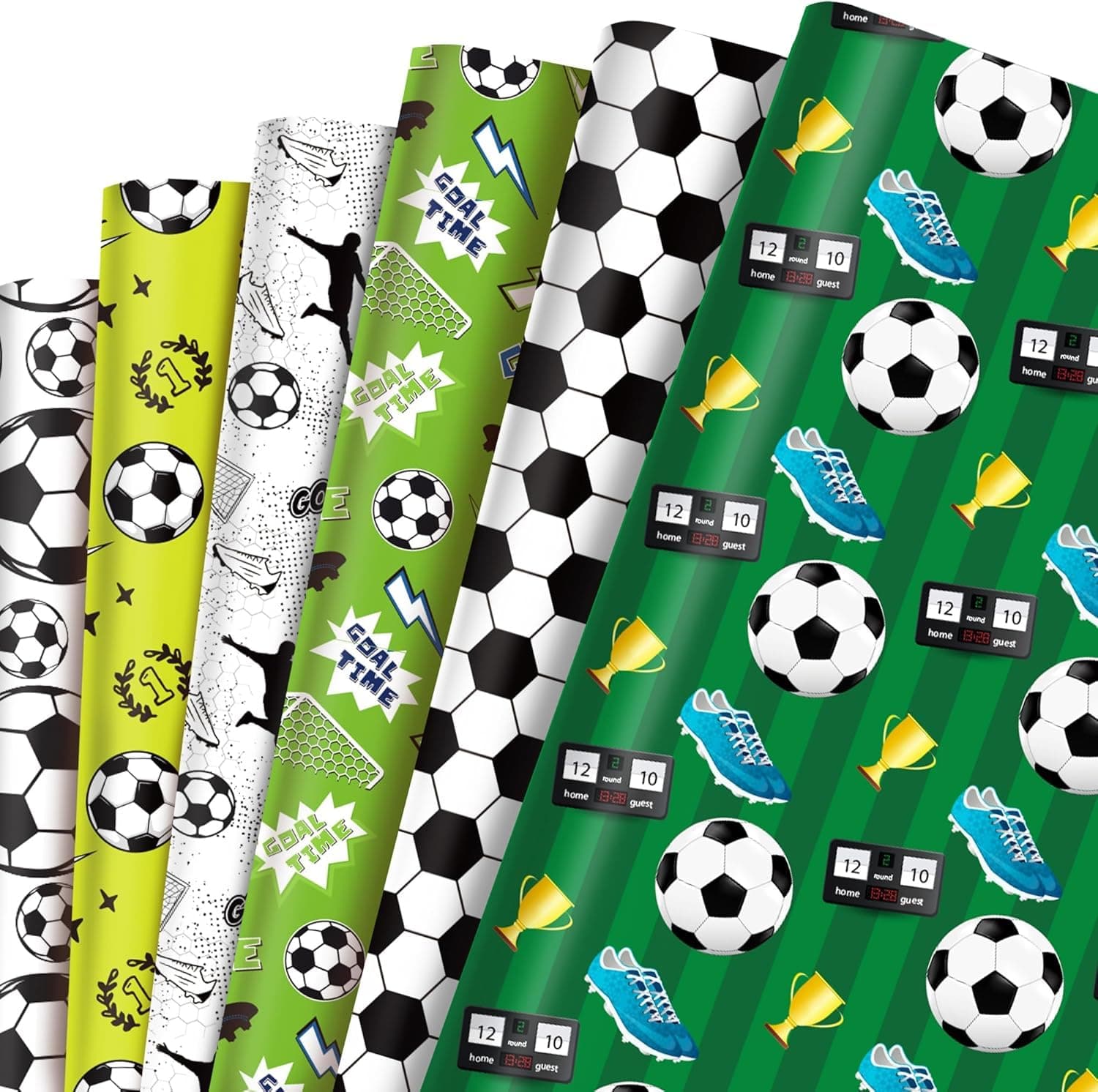 KASTWAVE 12 Sheets Soccer Themed Wrapping Paper - 6 Designs (Green & White Soccer Balls, Sneakers, Trophies), 20'' x 27'' Folded Flat Art Paper, Ideal for Soccer Birthday/Baby Shower/Holiday Gifts