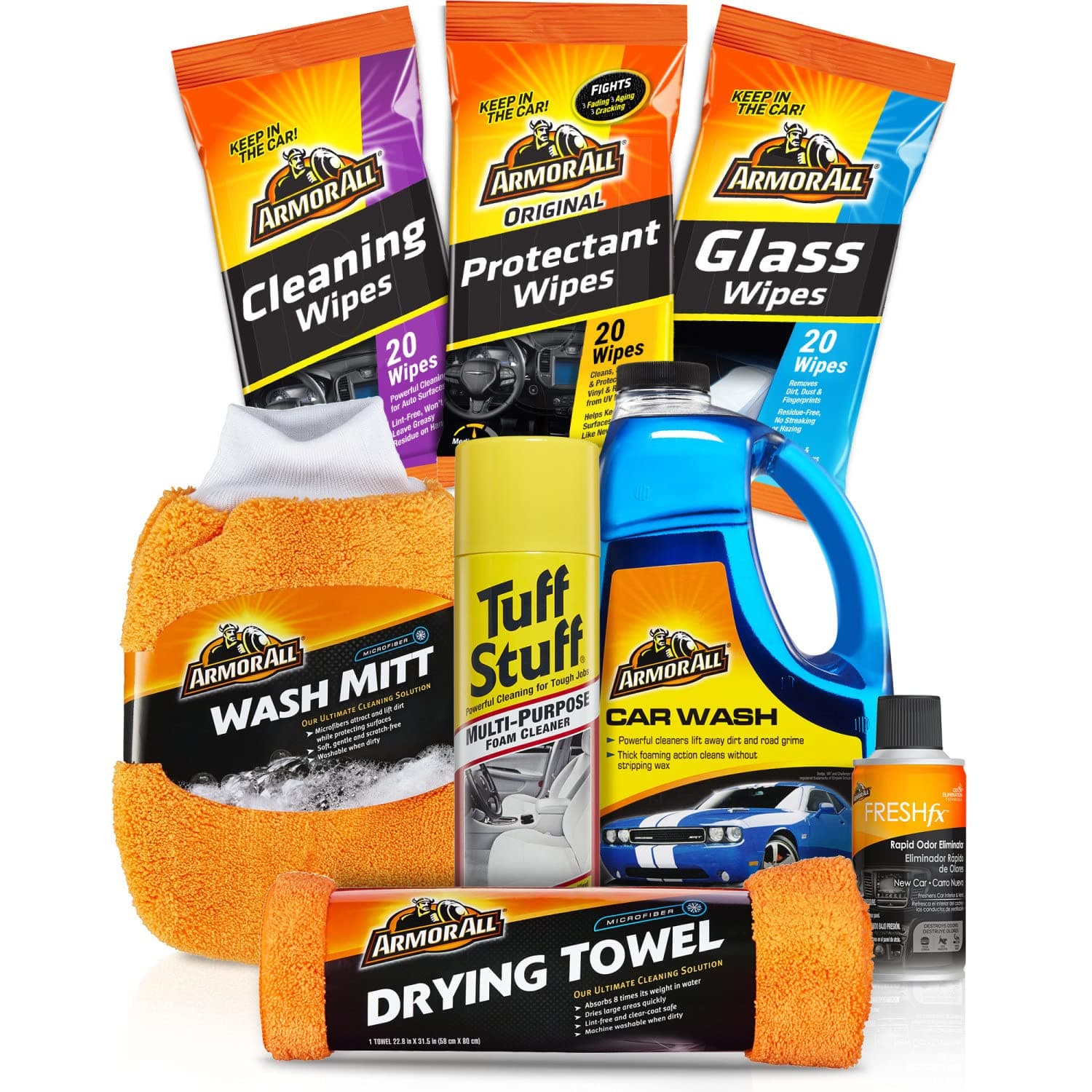 Car Wash and Cleaner Kit by Armor All, Includes Cleaning Wipes for Car Interior, Cleaner Concentrate, Car Air Freshener, Microfiber Towels