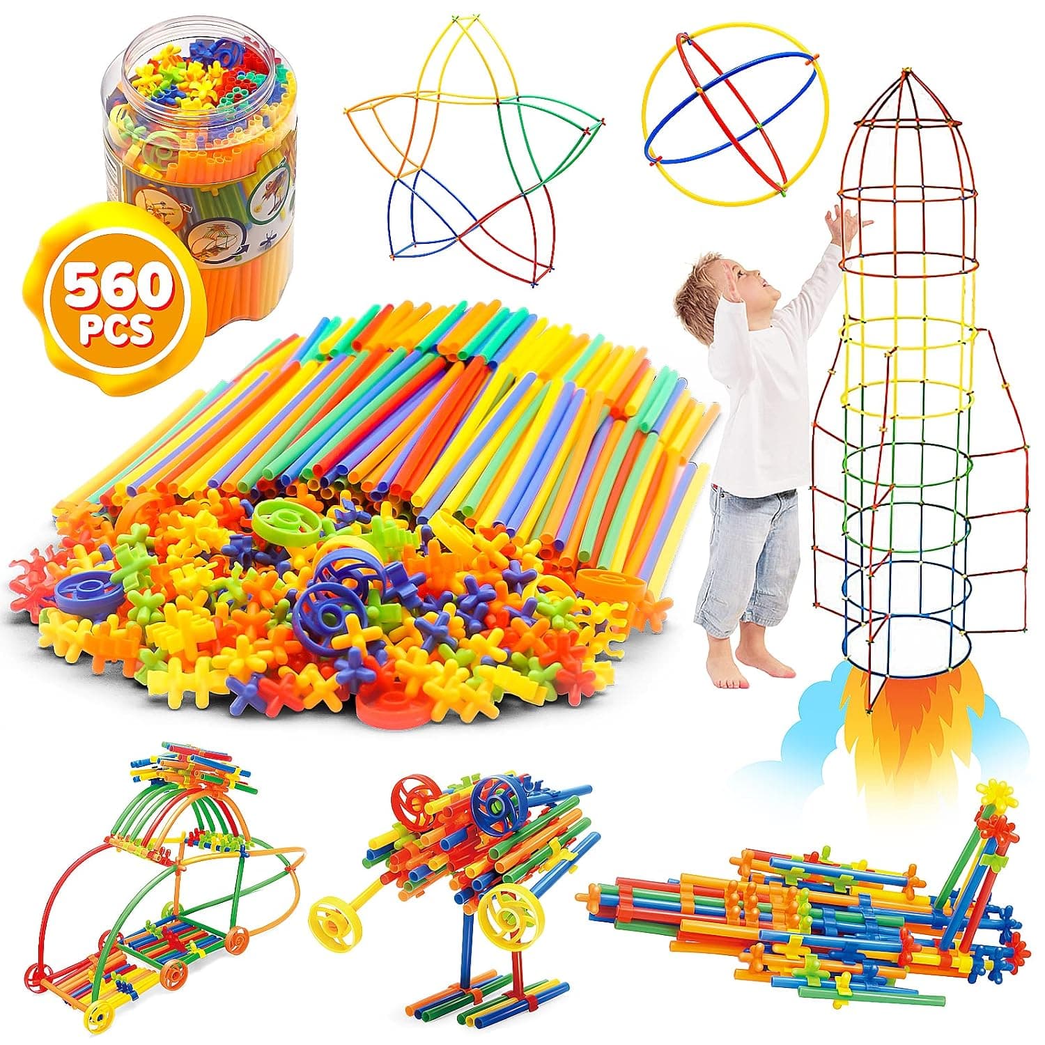 WYSWYG Construction Toy Straws Building Block 560 Pieces Creative Connecting Building Blocks Toy for Boys & Girls, STEM Educational Toy, Suitable for Children from 3 4 5 6 7 8 Years