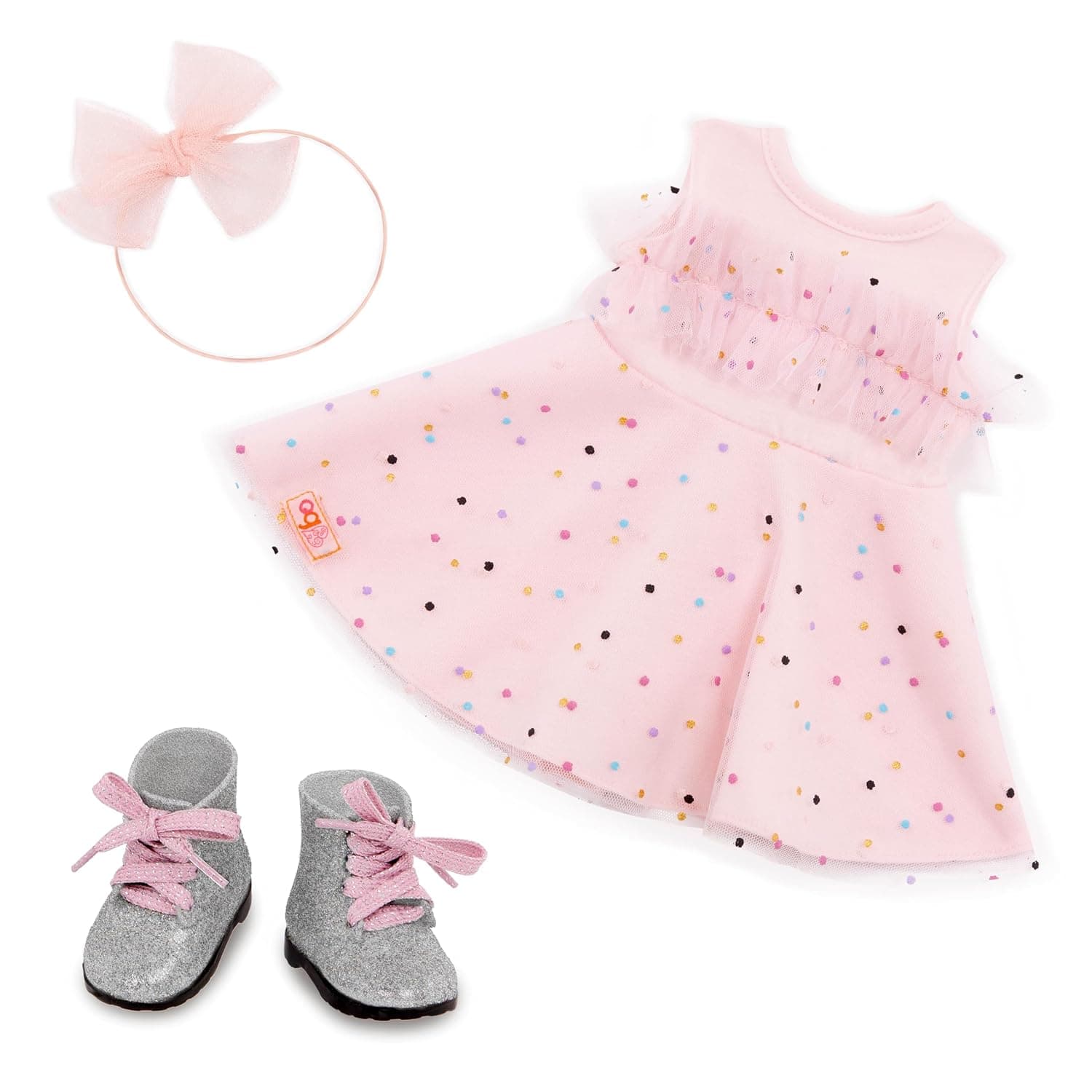 Our Generation – 18-inch Doll Clothes – Confetti-Print Party Dress – Headband & Boots Accessories – Pretend Play – Toys for Kids Ages 3 Years & Older – Pink & Colorful | Confetti-print dress with bow headband and lace-up boots for 18-inch dolls; mix-and-match pretend play outfit; 3+ Years