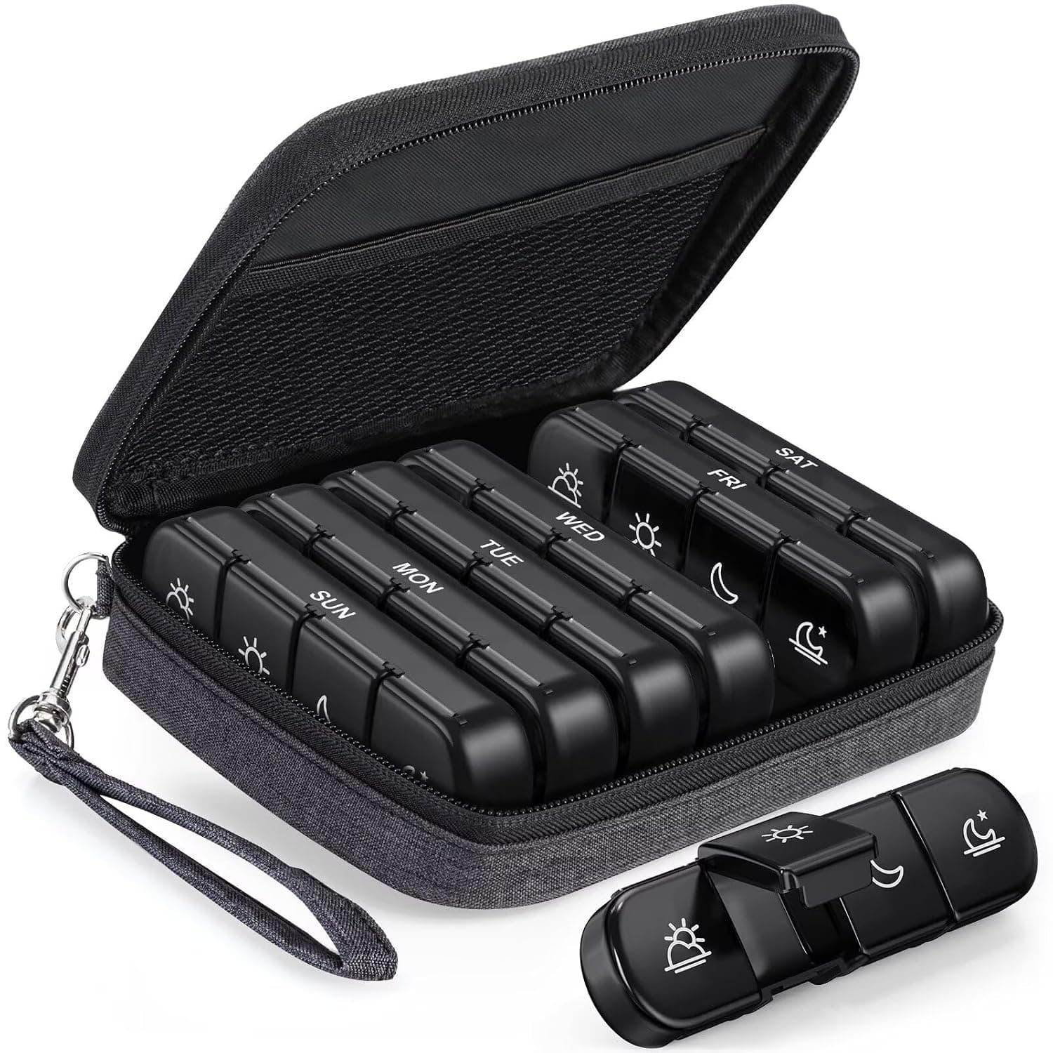 PULIV Weekly Pill Organizer 4 Times a Day with a Business Stylish Bag, Portable Pill Box 7 Day with 28 Compartments for Men, Removable Pill Sorters to Store Vitamin, Medication, Fish Oil, Supplements | Portable Pill Box 7 Day with 28 Compartments, Removable Pill Cases to Store Vitamins, Medications, Fish Oils, Supplements