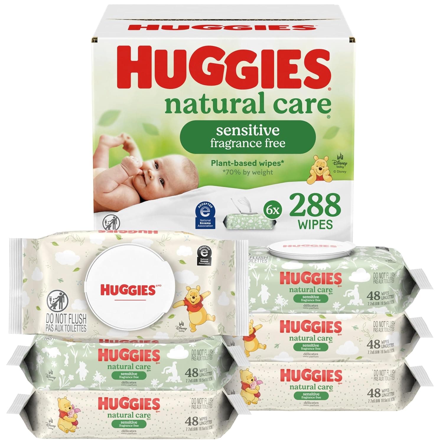 Huggies Natural Care Sensitive Baby Wipes, Unscented, 6 Flip Lid Packs (288 Wipes Total)