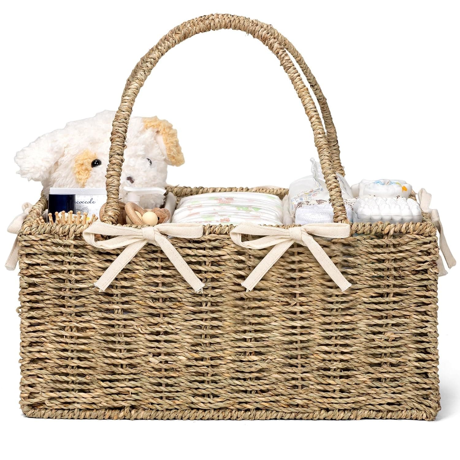 Diaper Caddy Organizer, Natural Seagrass Nursery Storage Basket for Baby Essentials, Baby Changing Table Organizer Perfect Nursery Assistant, Easy Assemble
