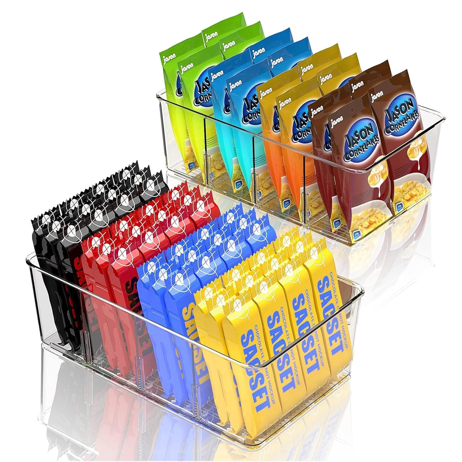 KASTWAVE Fridge Organiser Divided, 2 Pack Snack Organiser Bins, Stackable Storage Box with Removable Divider, Clear Practical Drawer Organization Container for Kitchen Cupboard Refrigerator, BPA-Free