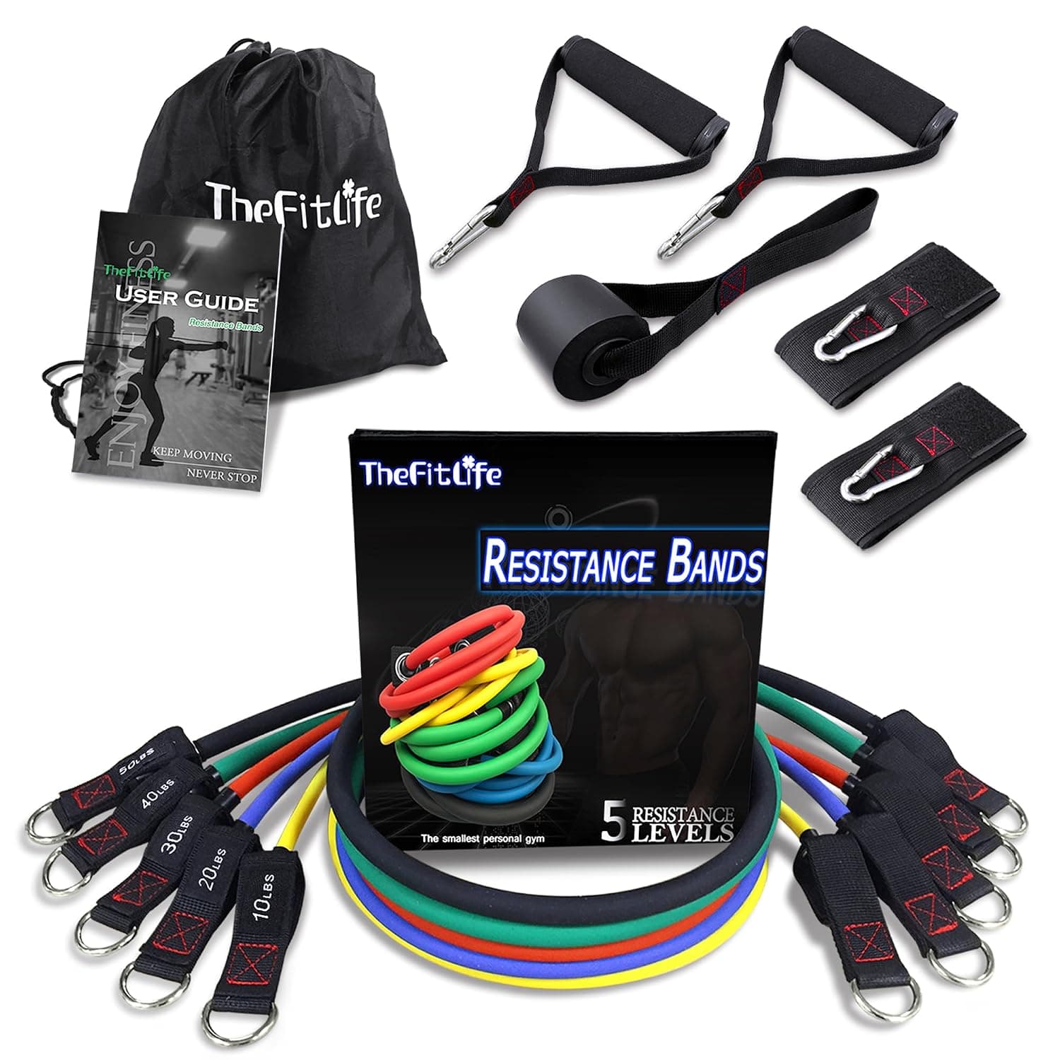 TheFitLife Exercise and Resistance Bands Set - 5 Fitness stackable up to 110/150/200/250/300 lbs Workout Tubes for Indoor and Outdoor Sports, Fitness, Suspension, Speed Strength, Home Gym, Yoga
