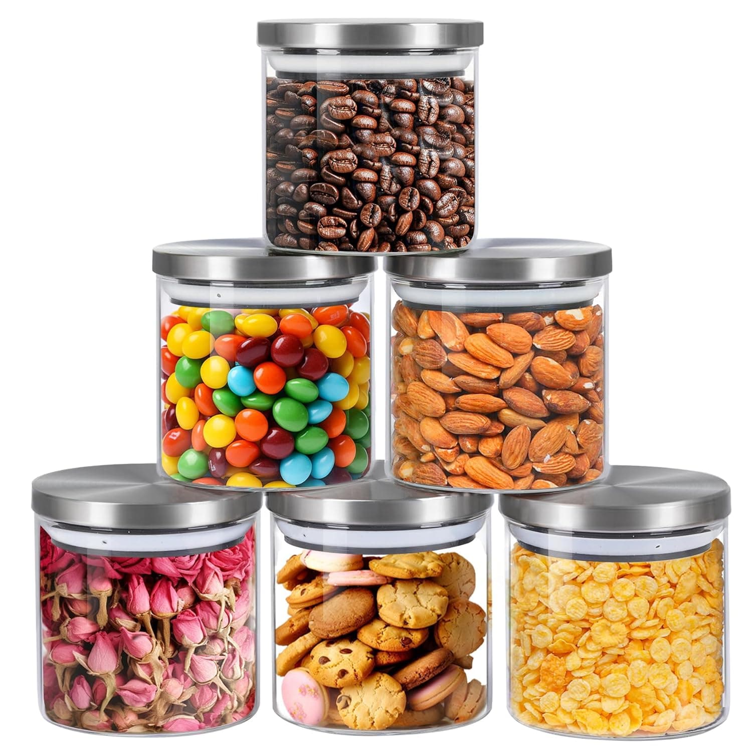 Glass Food Storage Containers with Stainless Lids, Clear Glass Jar with Lid set of 4, Small Glass Containers with Lids, 16 OZ Glass Storage Jars for Spice, Sugar, Tea, Candy, Cookie, Kitchen Canister