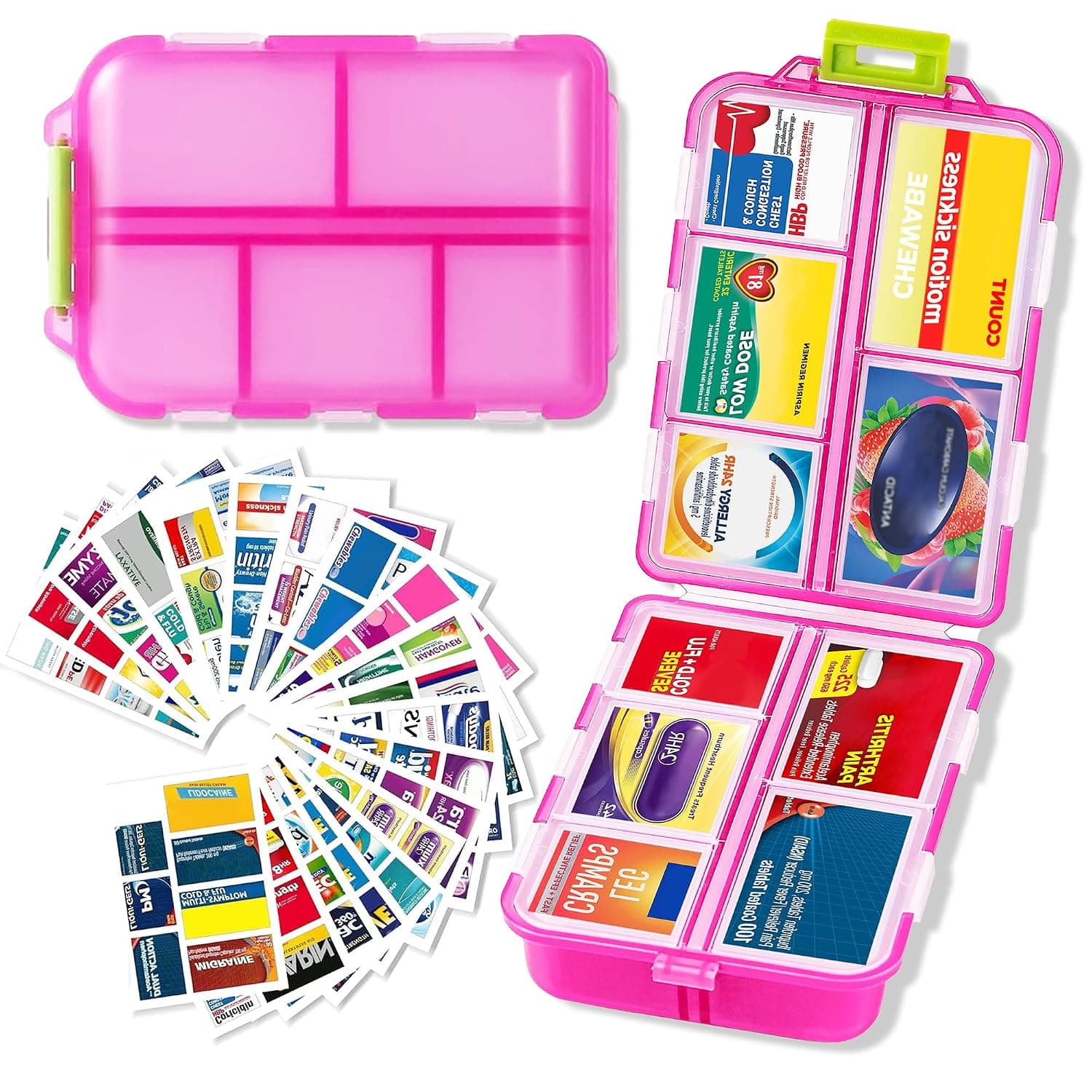 Extra Large Pill Organizer with 161 Medicine Labels, Travel Pill Case | Pink Extra large case with 10 compartments for 7-day pill planning, vitamins, supplements, and travel