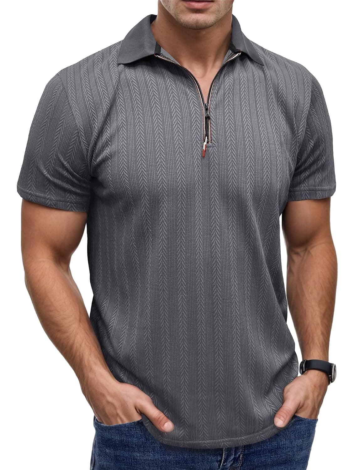 SEAUR Mens Zip Polo Shirts Casual Short Sleeve Knitted T Shirt Fashion Solid Lapel Neckline Golf Tops