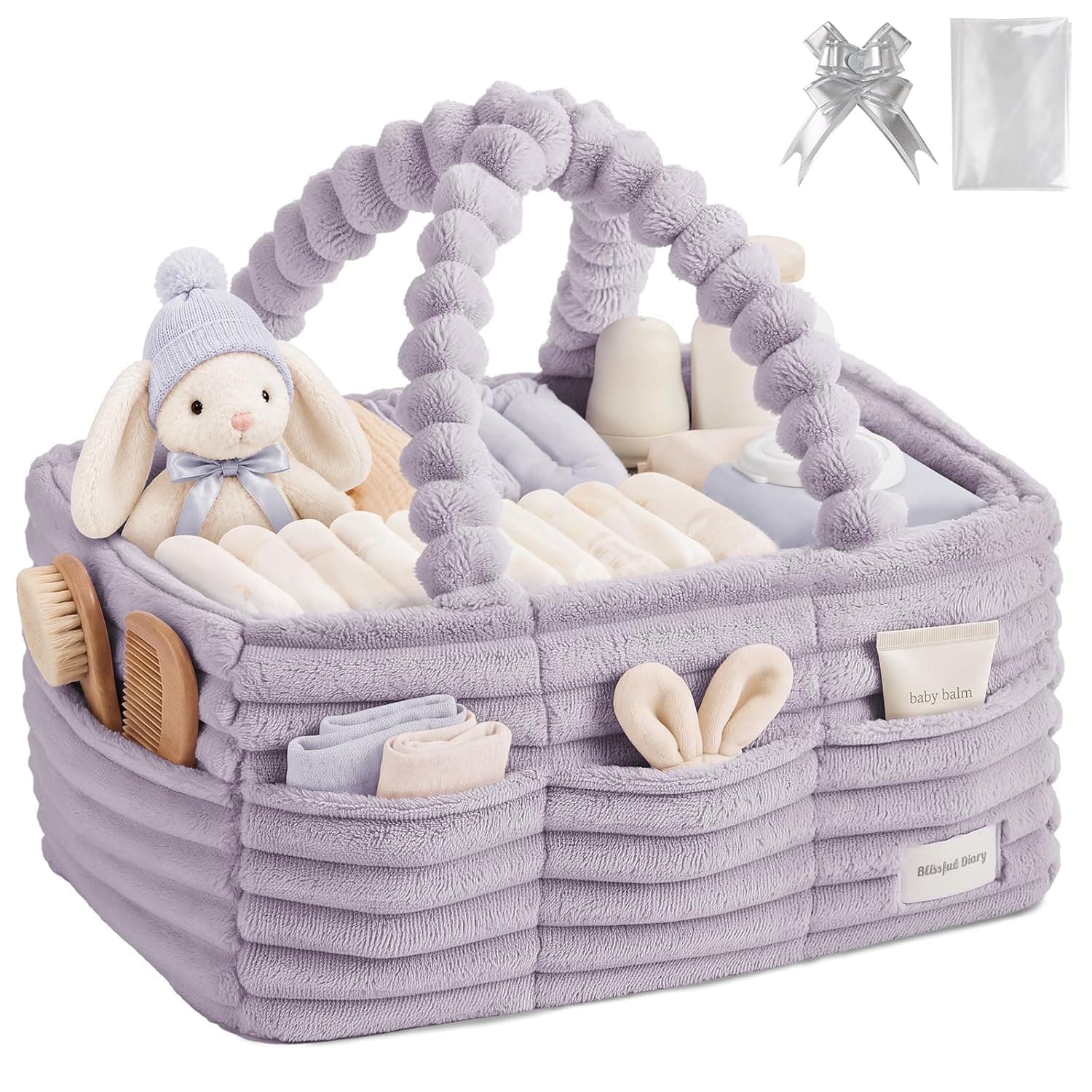Blissful Diary Flannel Diaper Caddy Organizer with Gift Packaging, Portable Nursery Storage Basket, Gift for Baby Shower, Newborn Boys & Girls Essentials, Registry Search Must Haves, Light Purple