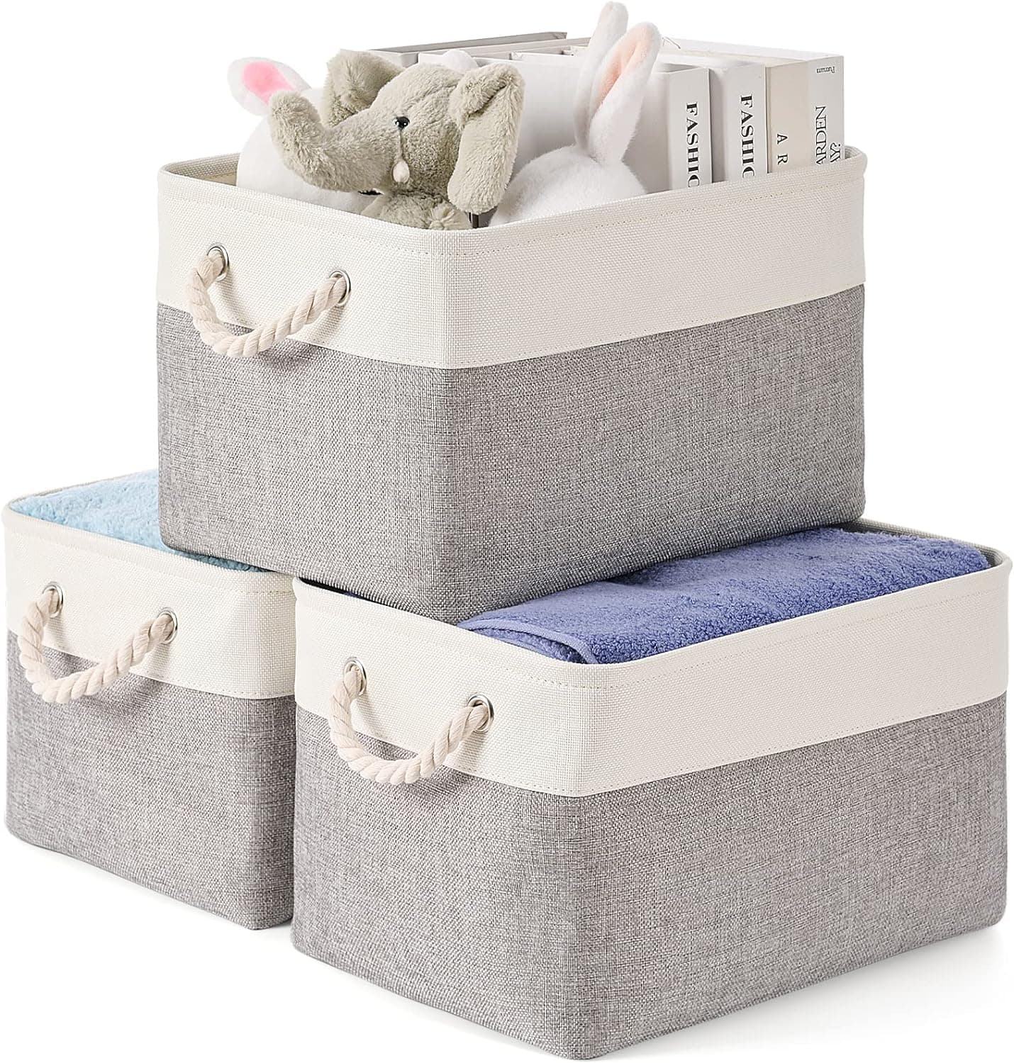 Durku 3 Pack Storage Bins,Cotton Rope Woven Basket Collapsible Organizer With Handles Storage Cube Box for Storage,for Organizing, Classroom Kids Toy Bins, Closet, Baby Nursery Baskets (White-Grey)