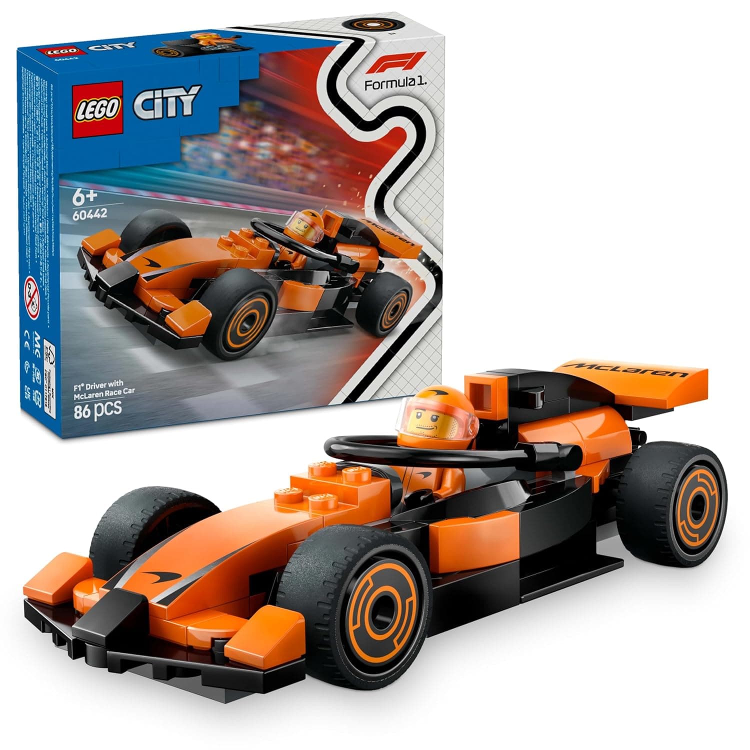 LEGO City F1 Driver with McLaren Race Car 60442 | Formula 1 Building Toy, Racing Driver Minifigure, Small Building Set, Gift for 6+ Year Old Boys & Girls, 86 Pieces