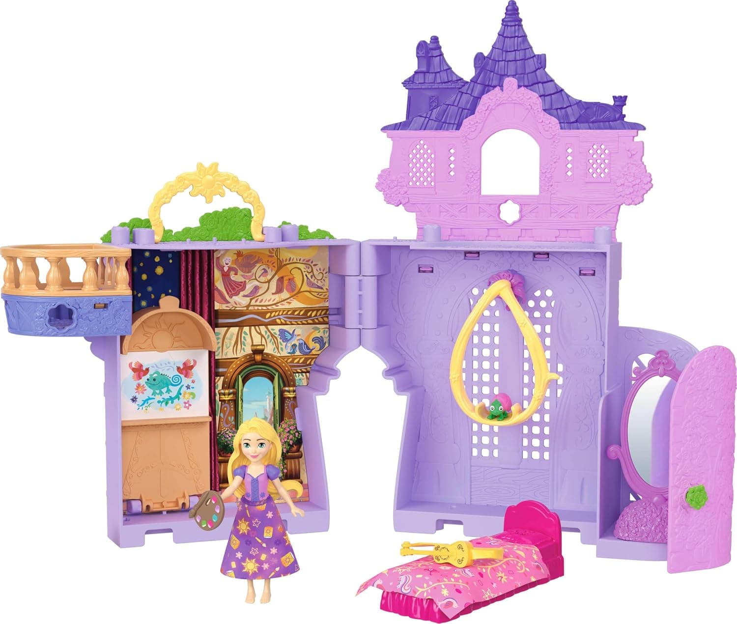 Mattel Disney Princess Toy, Rapunzel Storytime Stackers Dollhouse Tower with Small Rapunzel Doll, 1 Pascal Figure and 7 Accessories, Inspired by Disney Film, JDP61