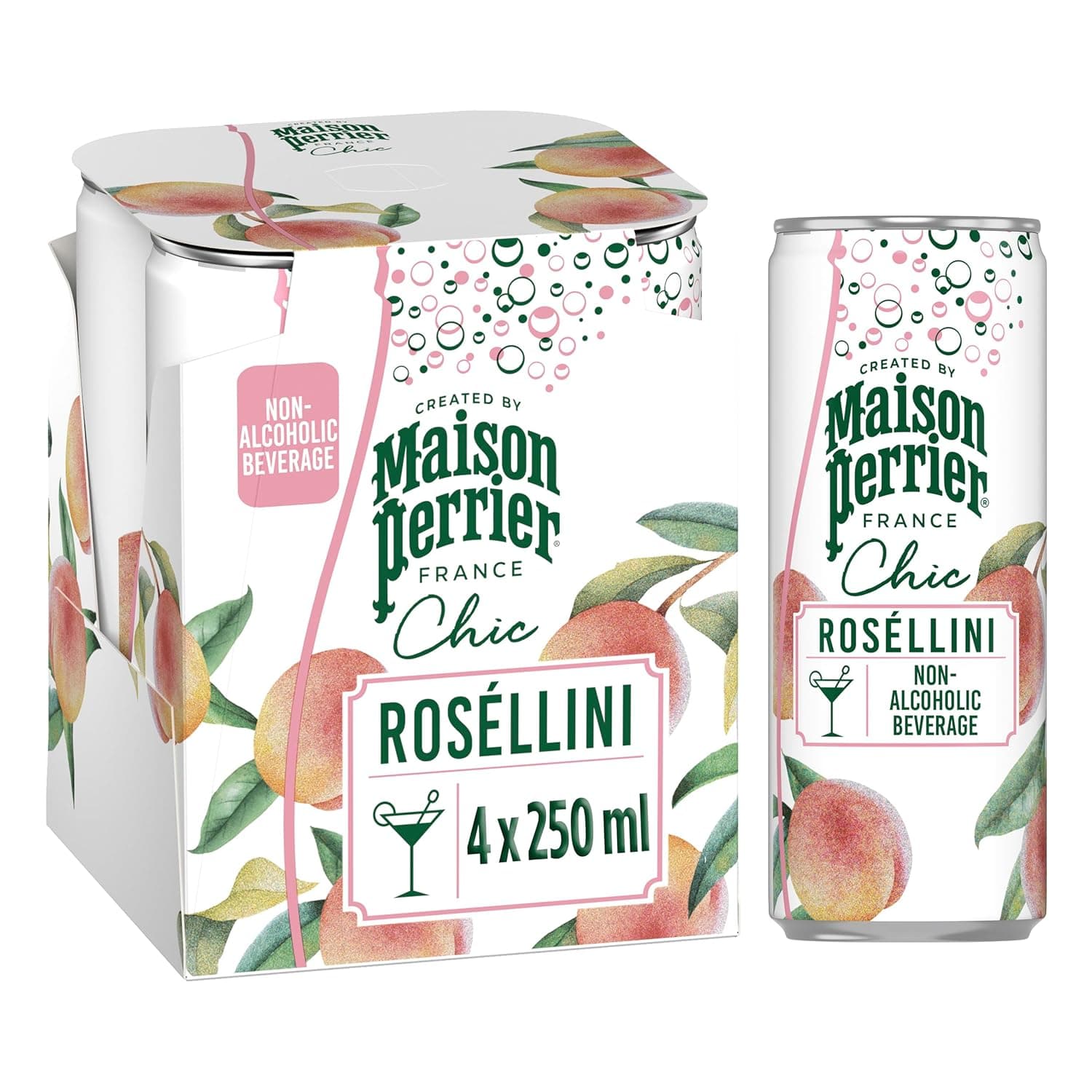 Maison Perrier Chic Rosellini Sparkling Water 250 ml Can, Pack of 4, Zero Calories And Zero Sweeteners, Non-Alcoholic Beverage, Premium French Water Sparkling With An Elegant Style