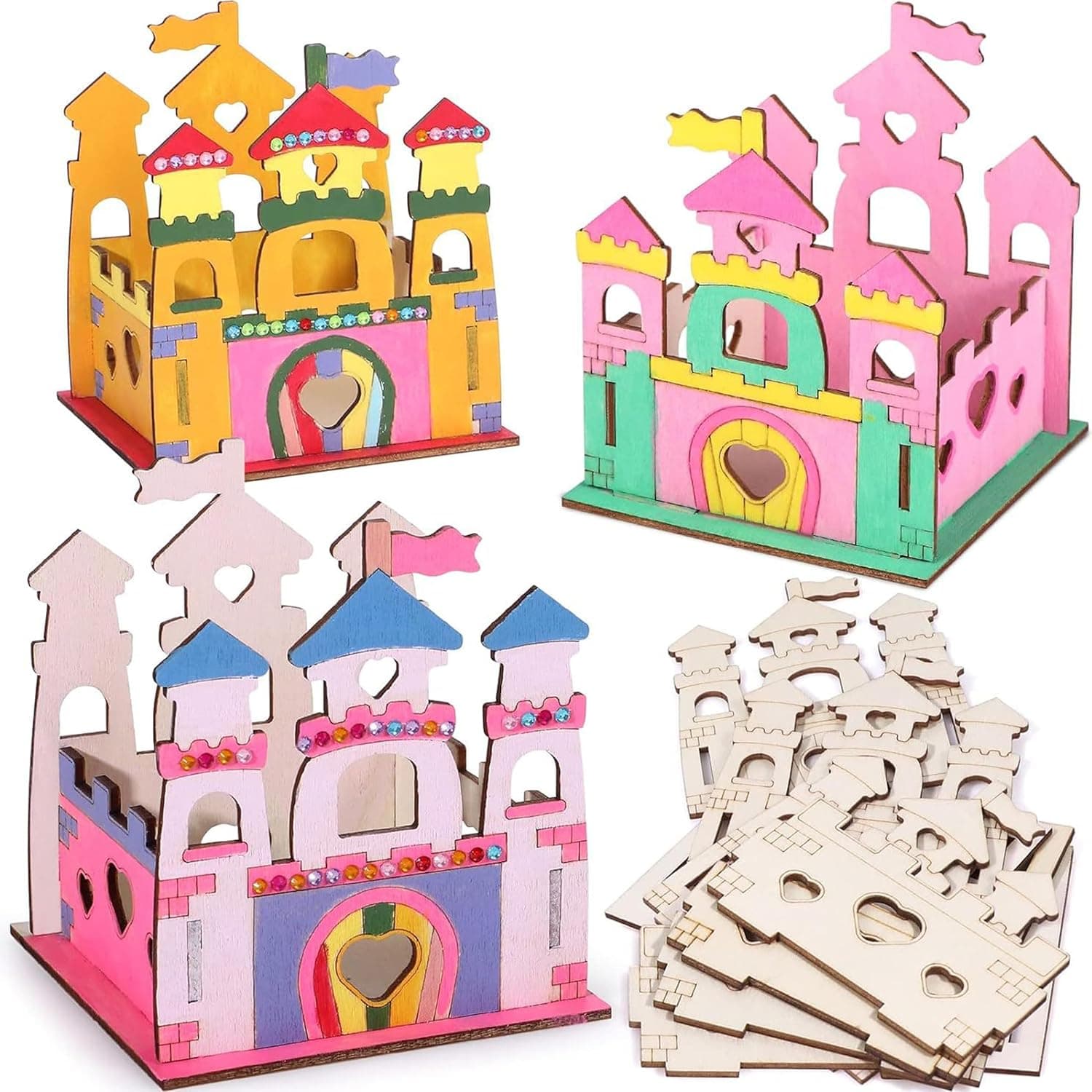 81 Piece DIY Wooden Castle Painting Craft Set for Kids - Unfinished Blank Wooden Stencils, Creative Arts and Crafts Supplies for Birthday Party Favors, Classroom Rewards, and Kids’ Activity Gifts